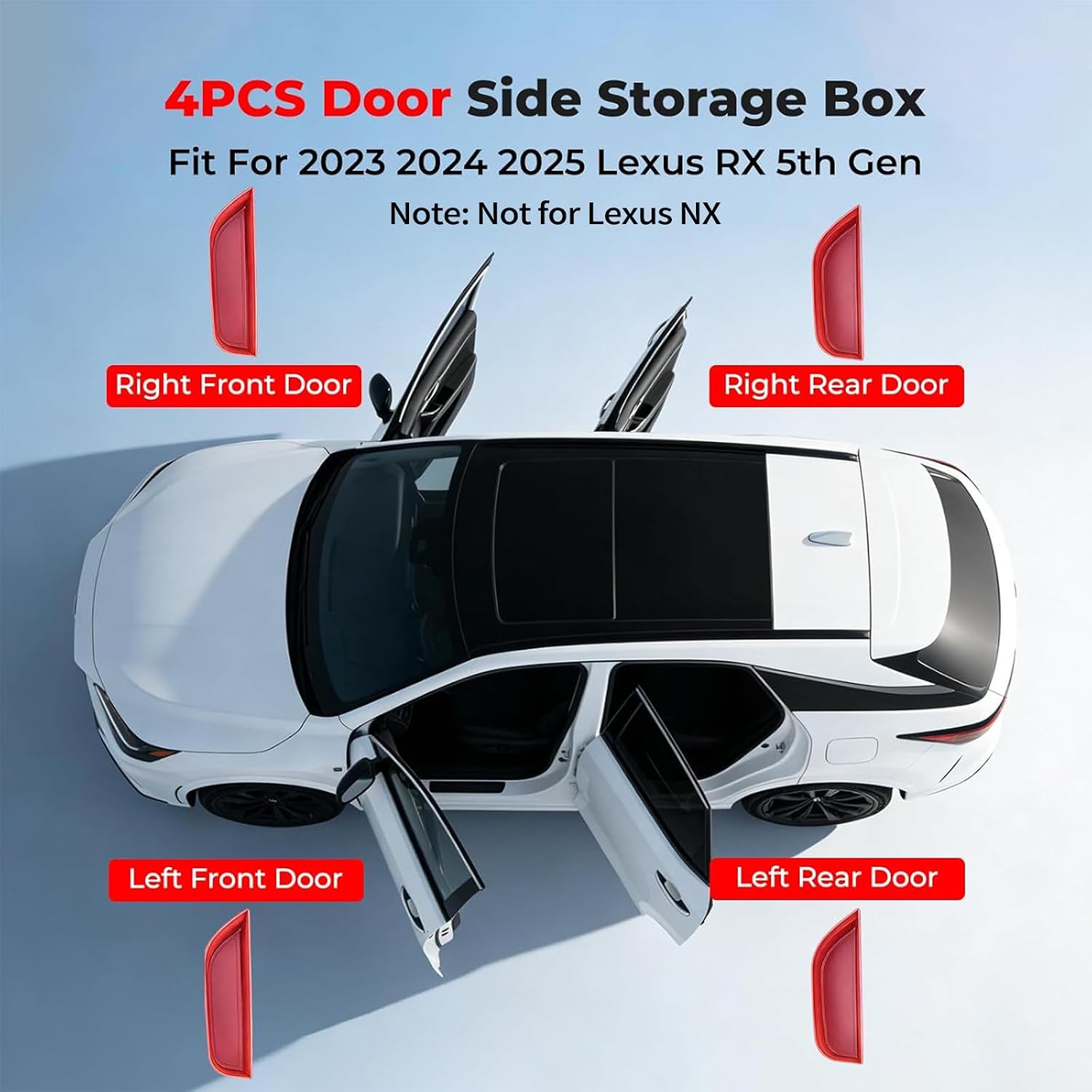 4PCS Door Side Storage Box for Lexus RX 350h 450h 500h 2023 2024 2025 Car Door Accessories, Front Rear Door Insert Organizer Tray Door Handle Storage (Red)