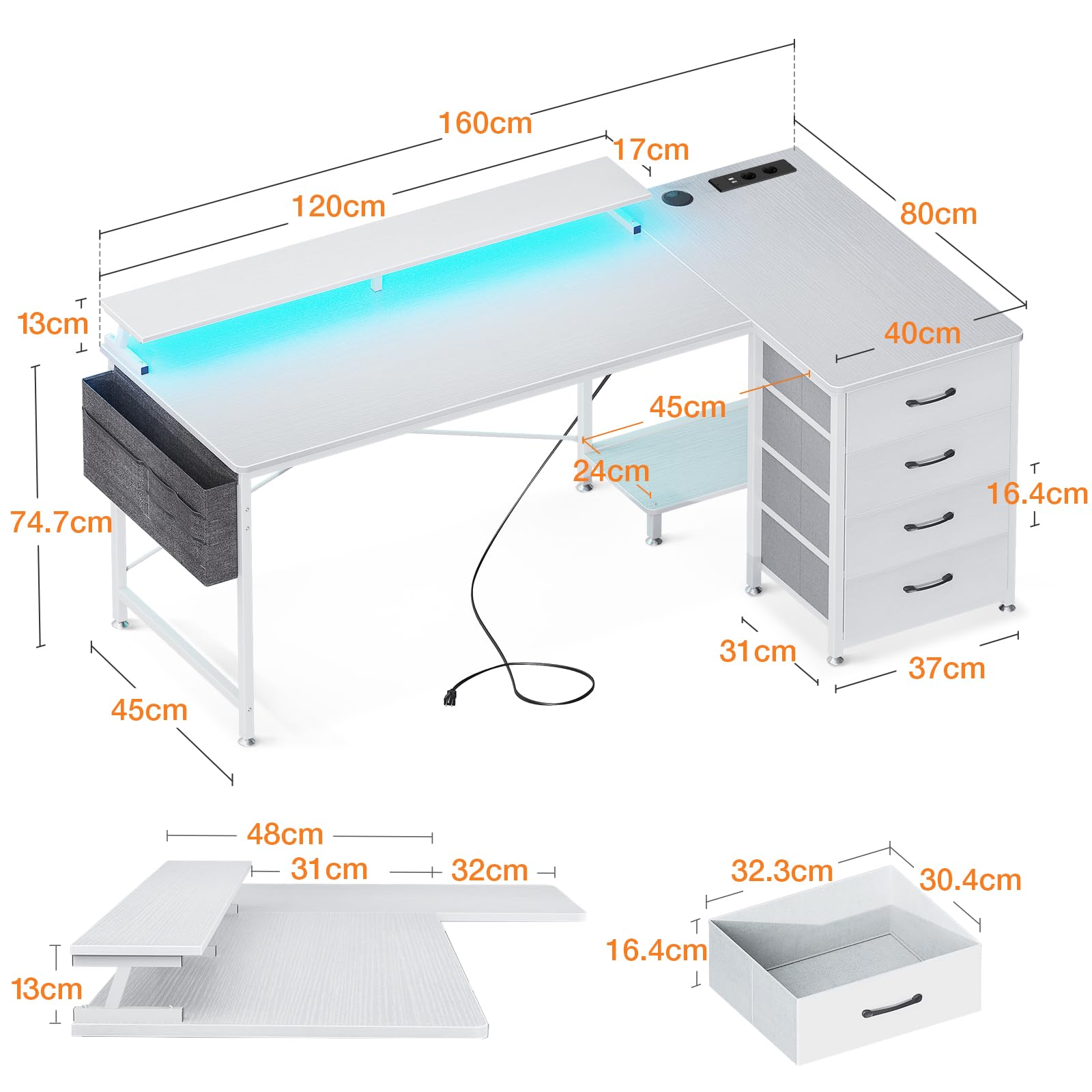 ODK Scrivania Gaming Angolare, Scrivania Angolare Reversibile con 4 Cassetti, Tavolo a Forma di L con LED e 2 Porte di Ricarica USB e 2 Prese di Corrente per Casa Ufficio (Bianco, 160x80x84.7cm)