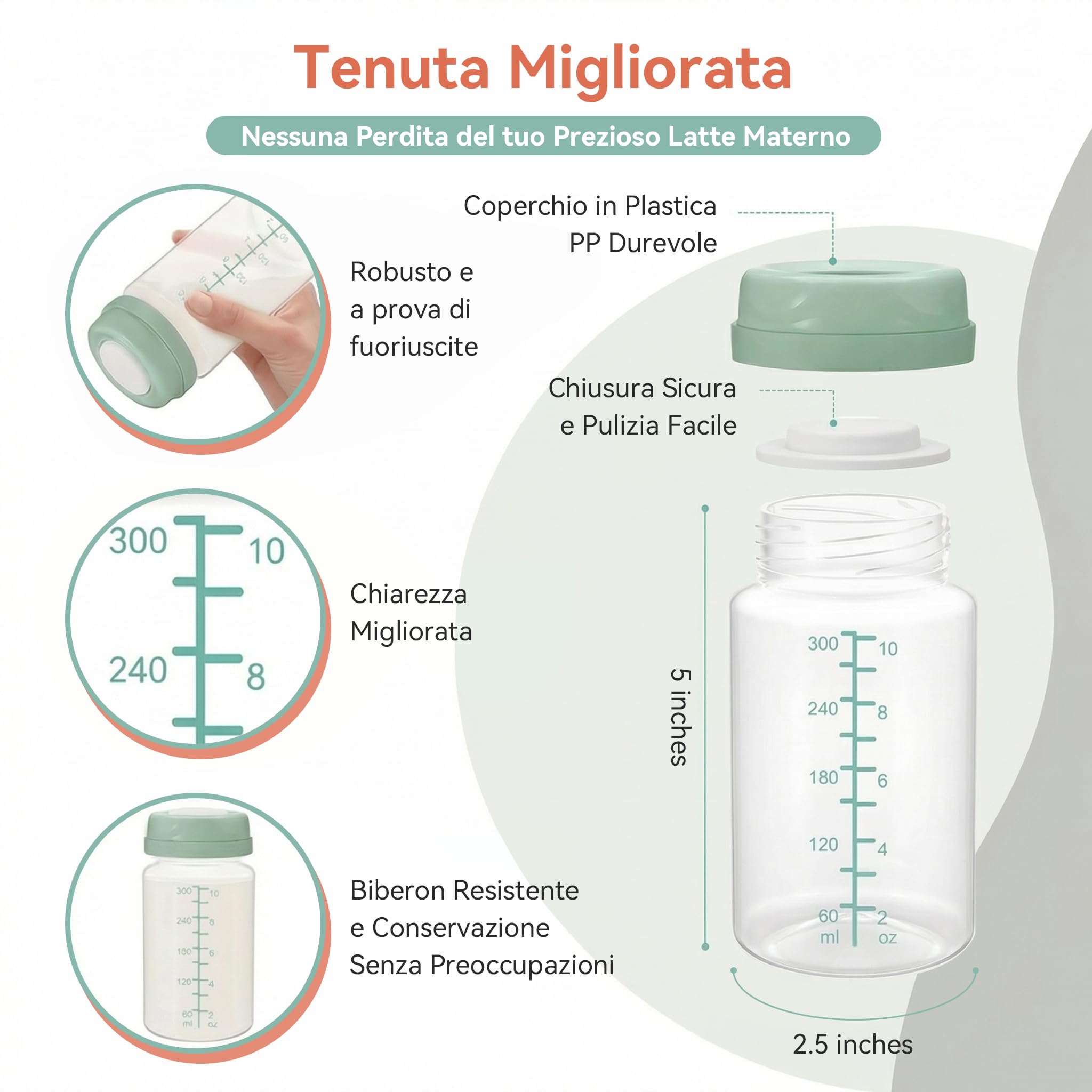 4PCS Biberon per Conservazione Latte Materno 300ml Confezione da Raffreddatore Momcozy 650ml– Anti-Perdita Collo Largo Compatibili con Spectra S1 S2 9Plus SG Motif Luna (Verde)