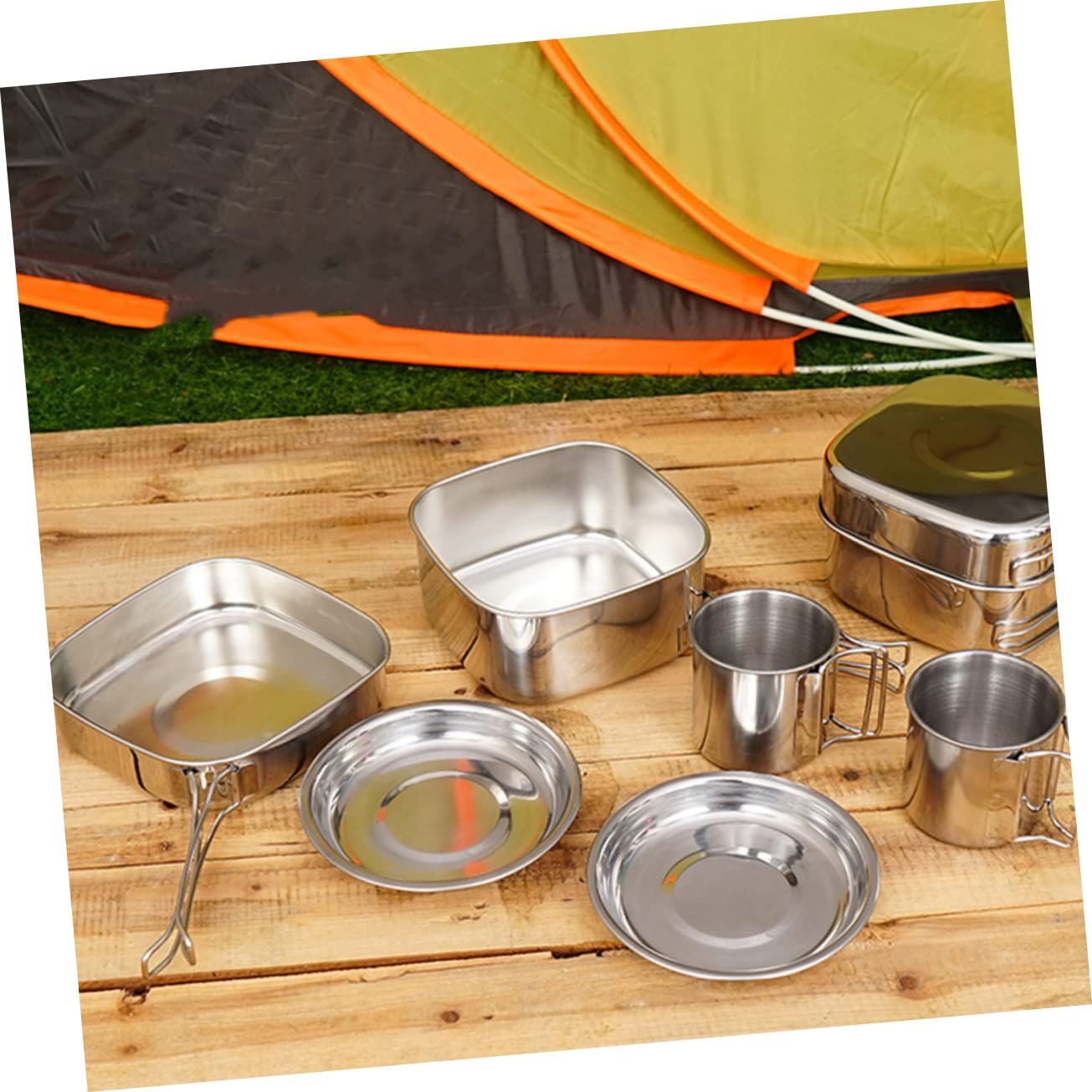 Happyyami 1set Portable Camping Cookware Set Backpacking Cook Gear Frying Cups Plates for Outdoor Cooking and -up