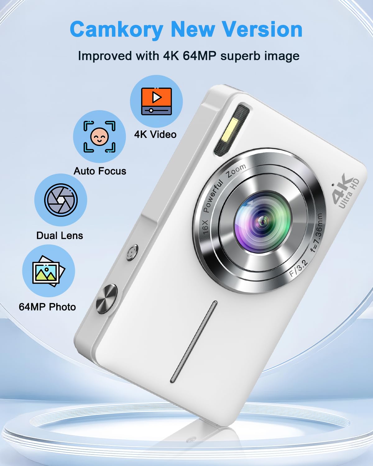 Digitalkamera 4K 64MP Fotokamera mit Autofokus, Blitz, 16X Zoom, Anti-Shake, kompakte Vlogging Kamera für Kinder Erwachsene Weiß