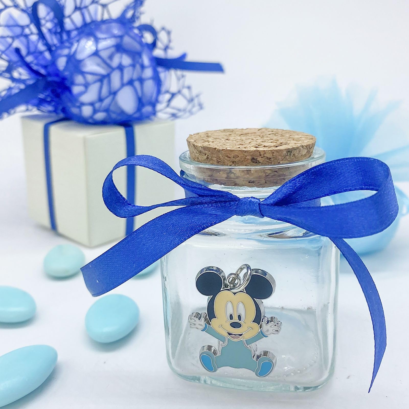 Doni Bomboniere 10 Vasetti in Vetro portaconfetti con Applicazione Disney di Topolino. Bomboniere Utilizzabile per Compleanni, Battesimi, confettate Nascita per Un Bimbo. Fiocco a Scelta.