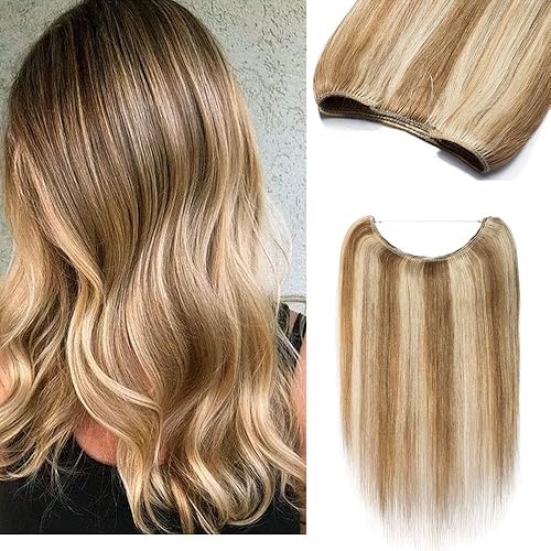 Human Hair Wire In Hair Extensions One Piece Secret Fish Line Hair Piece Transparent Invisible Rubber Band Long Silky Straight 24'' #12P613 Golden Brown&Bleach Blonde 80g