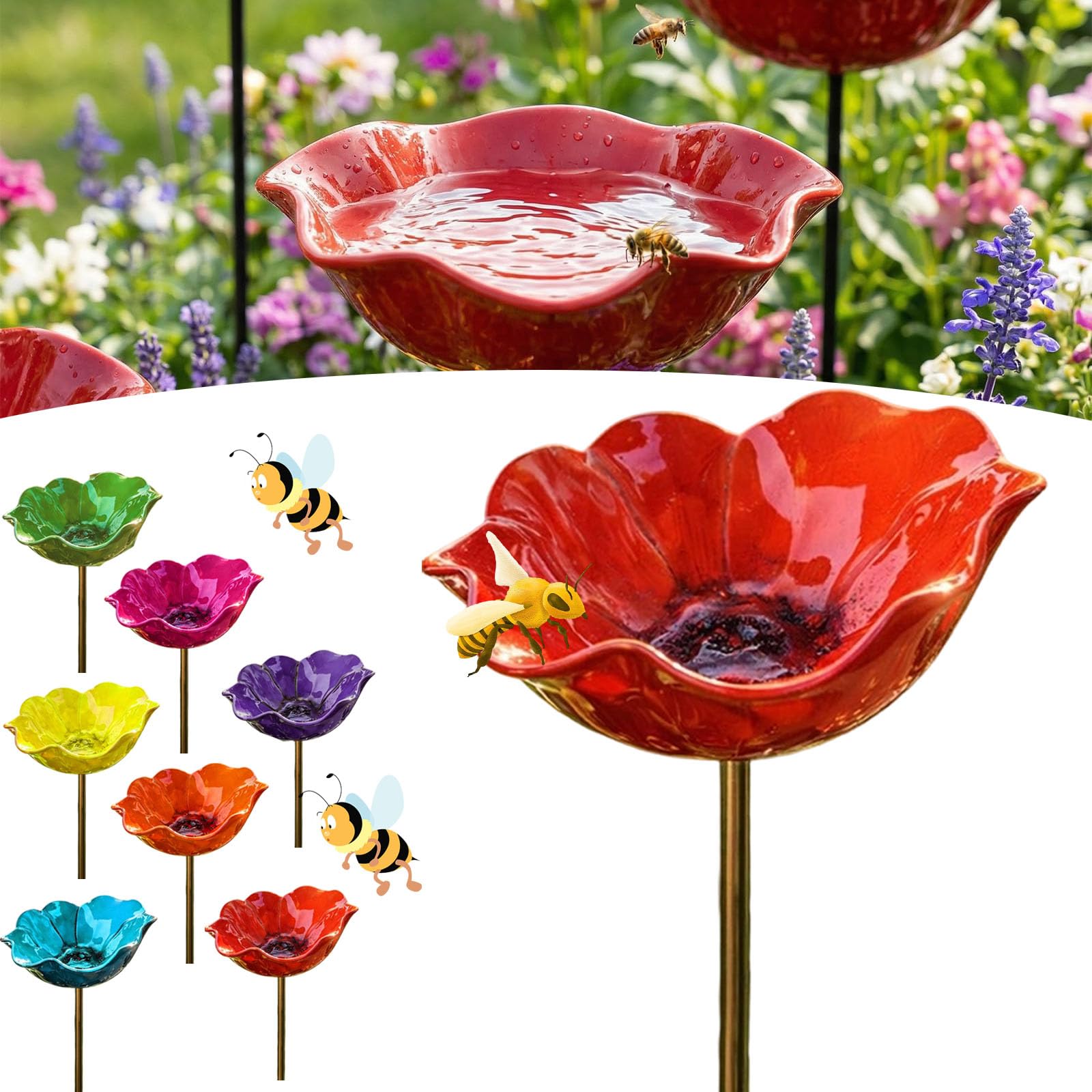 Flower Bee Watering Station, Handmade Metal Ceramic Flowers Bee Bath for Garden, 60cm Metal Bee Water Feeder, Stake Bird Bath for Yard Decor, Decorative Garden Stakes (1PC-A)