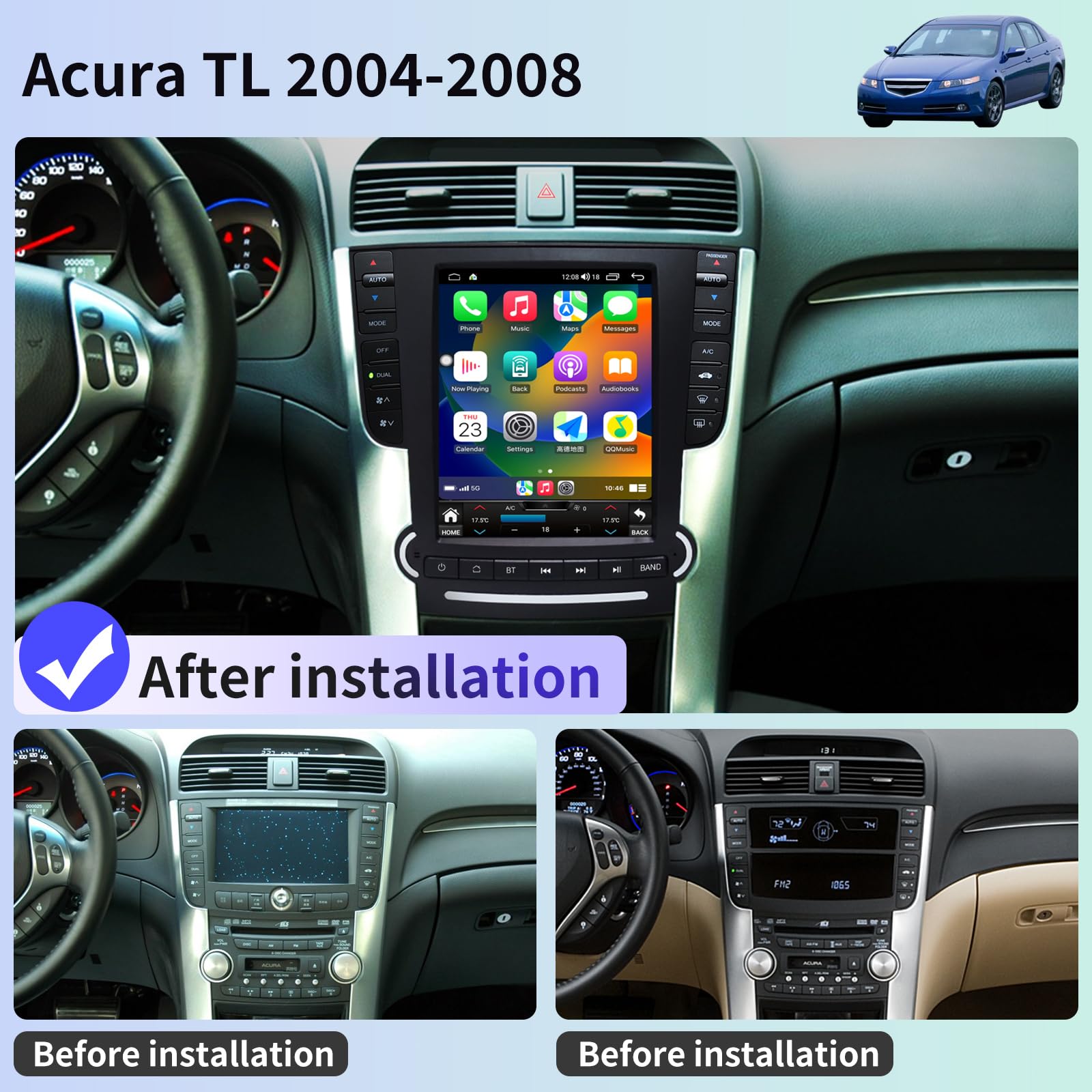 Car Radio for Acura TL 2004-2008 Relacement Stereo Carplay Upgrade Android Auto Tesla Style Display Screen with DSP in Dash Headunit GPS Navigation Multimedia Player Voice Control