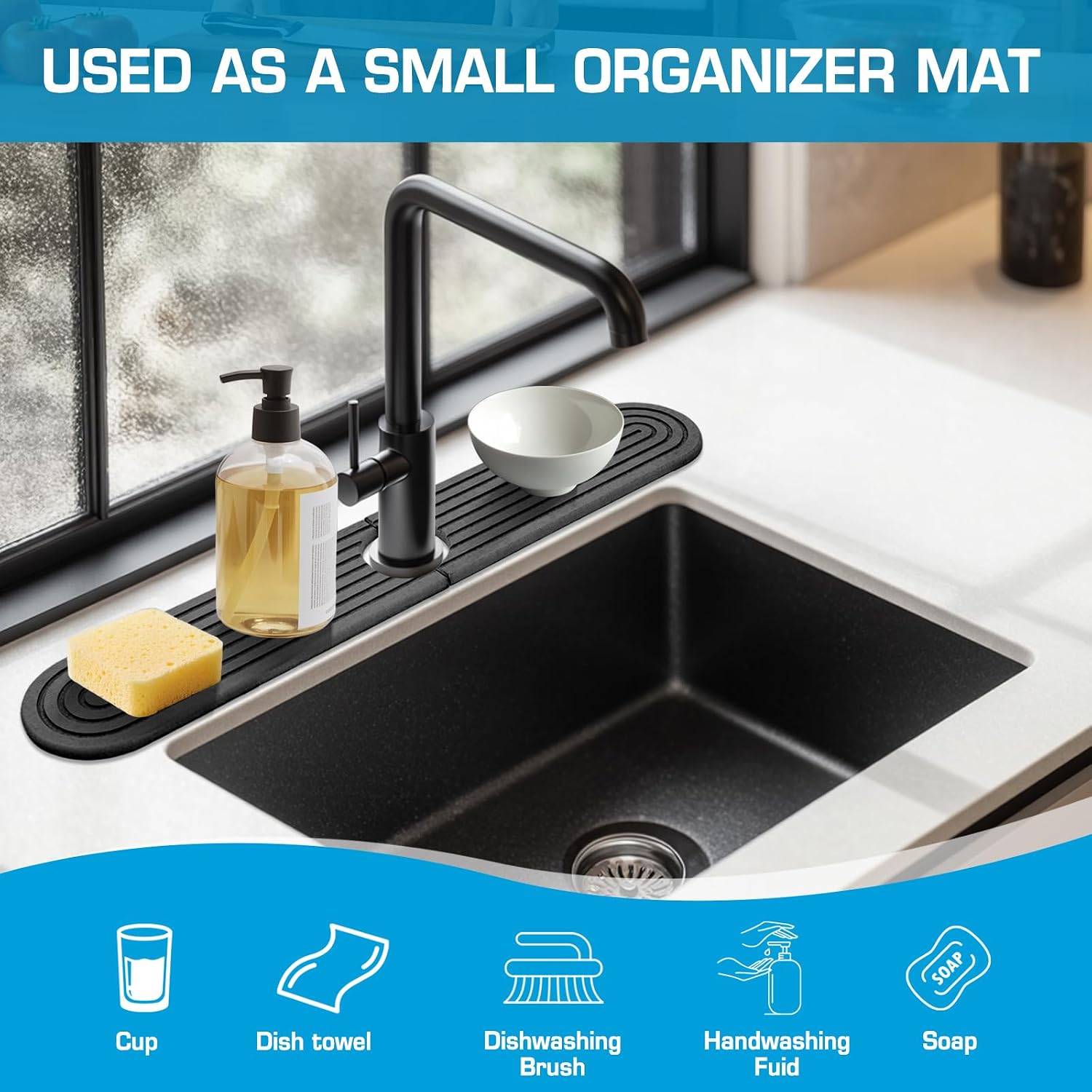 Self-Drying Stone Tray For Kitchen Sink,23.6" Water Absorbing Natura Diatomite Faucet Mat,Splash Organizer For Soap Dispenser,Sponge & Brush,Bathroom Vanity Rv Countertop Protector(Gray-Oval) image 5