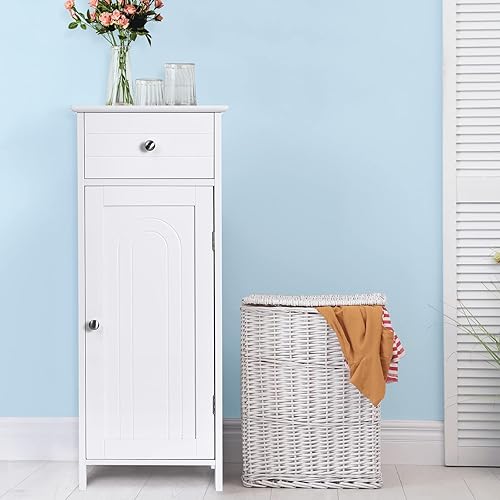 Miniatura 8 de GOFLAME Armario de almacenamiento de baño, armario de almacenamiento de madera independiente con cajón grande, 2 estantes flotantes con 7