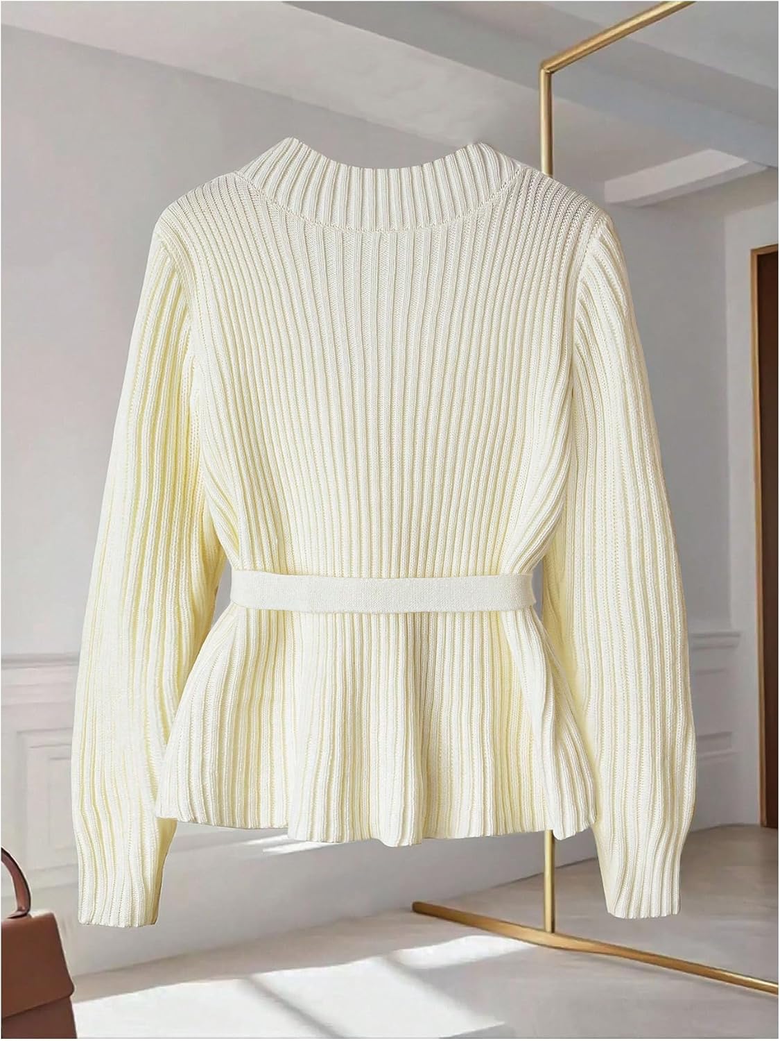 MakeMeChic Women's Wrap Asymmetrical Neck Cardigan Long Sleeve Button Down Belted Business Sweater - Image 2