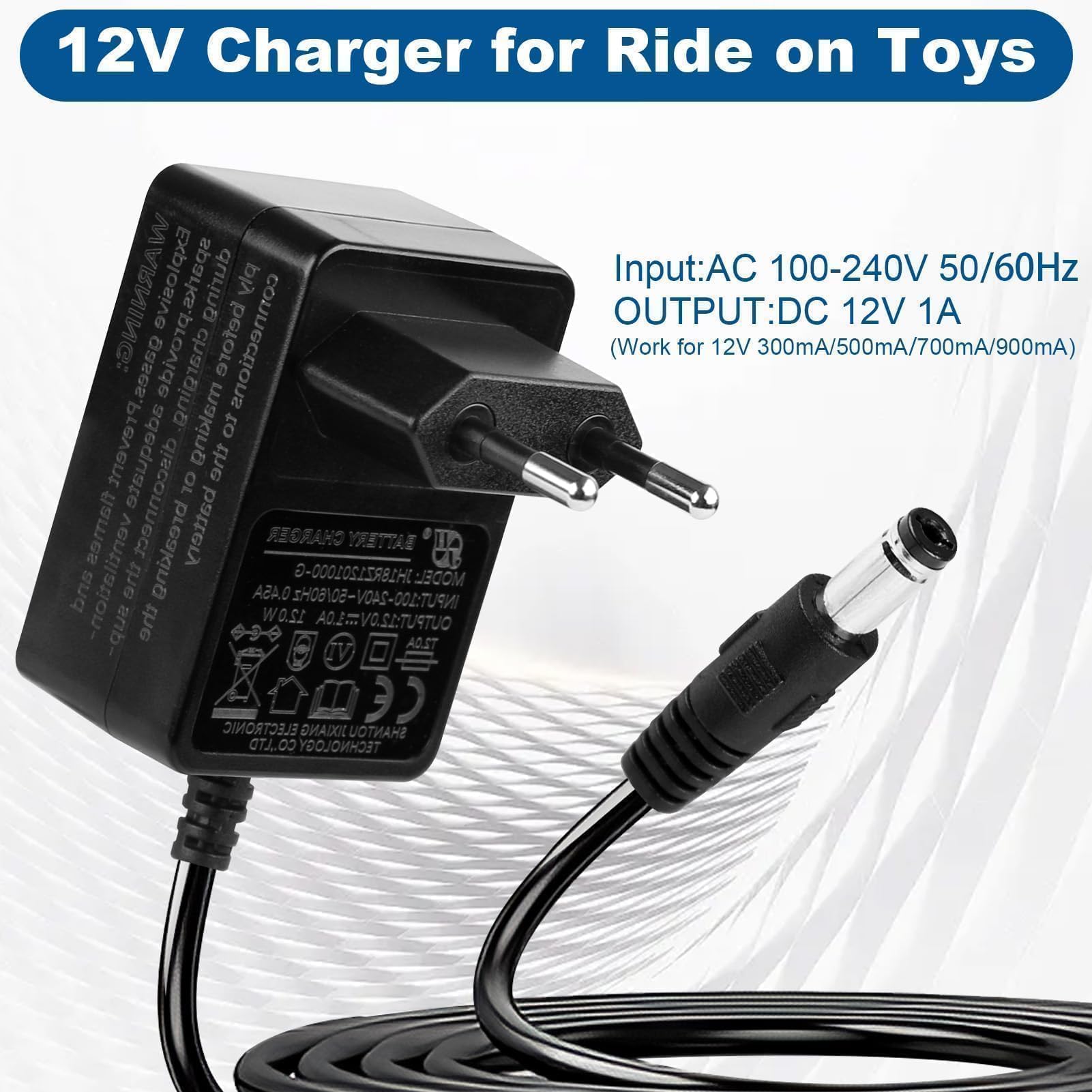 12V 1A Cargador para Coches Eléctricos Niños, Adaptador de Corriente con Enchufe EU para Moto, SUV, ATV, Quad, Tractor y Otros Vehículos Eléctricos Infantiles de 12V 1000mA