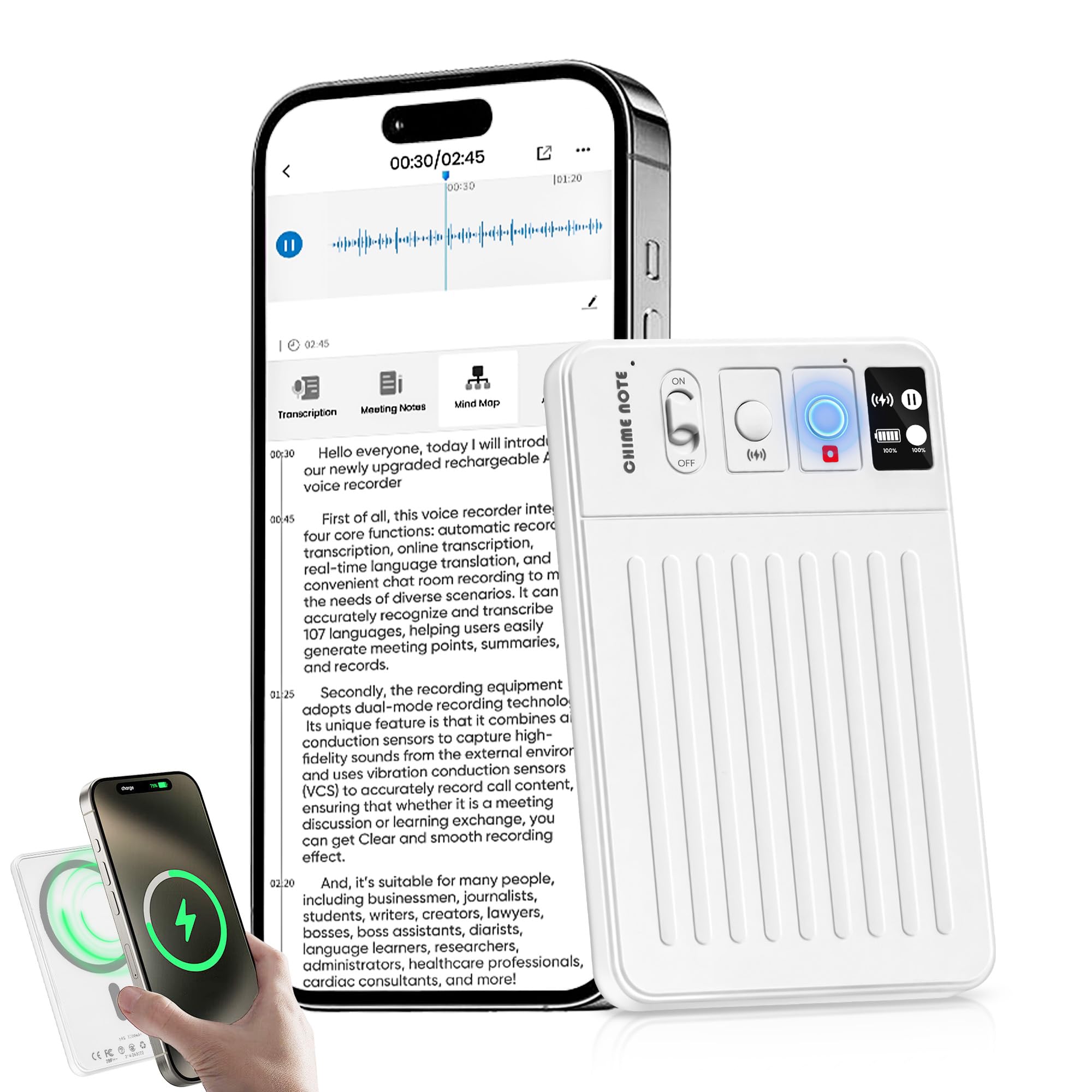 AI Voice Recorder,Magnetic Digital Voice Recorder with Transcribe & Summarize Empowered by ChatGPT,Audio Recorder for Lectures, Meetings, Calls,Portable Audio Recorder Support 107 Languages (White)