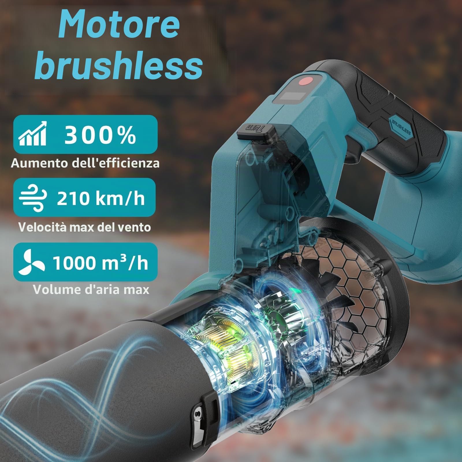 Soffiatore per foglie a batteria 2 in 1, motore brushless, 3 velocità, velocità massima 900.000 giri/min, flusso d'aria 1000 m³/h, modalità verticale e orizzontale (Batteria non inclusa)
