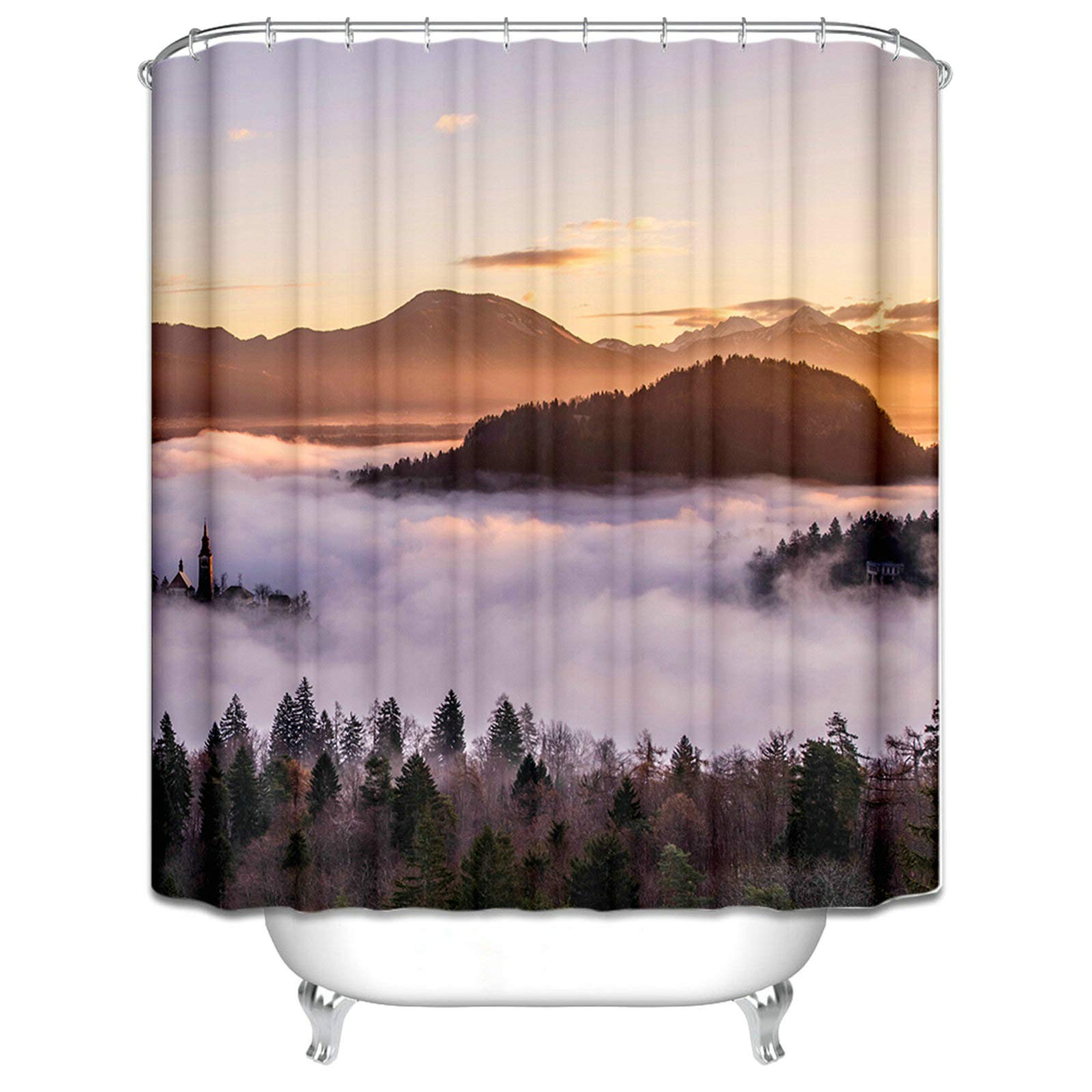 KnSam Cortina de ducha 100 % poliéster, incluye 12 anillas para colgar en la bañera, antimoho, resistente al agua, Wolkenberg, color blanco y marrón, ancho 180 x 200 cm