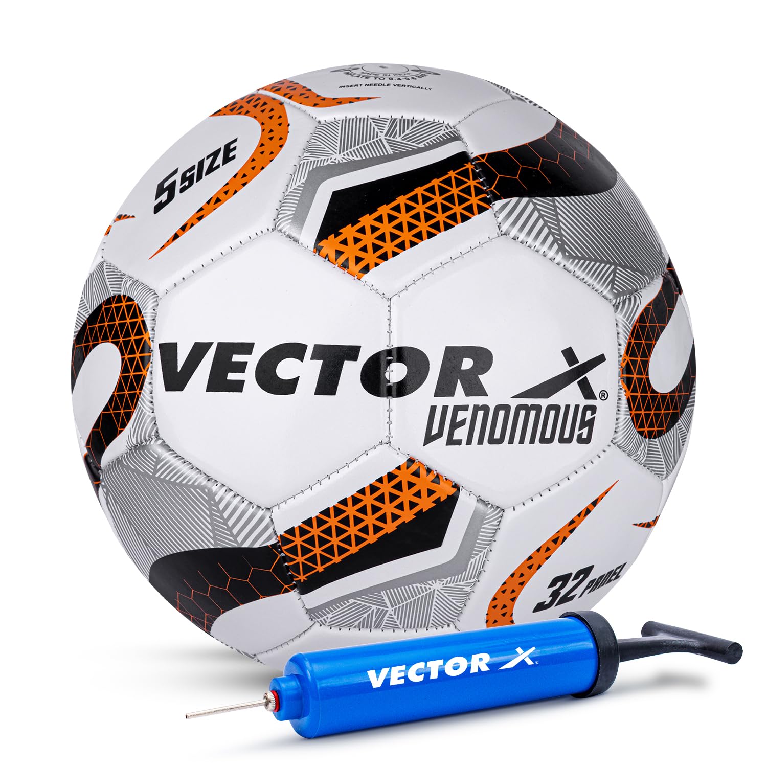 Vector X Venomous PVC Machine Stitched Indoor/Outdoor Water-Resistant Football + Pump with Butyl Bladder, White-Orange, Size 5, Suitable for Match and Training for Adults 15+ Years
