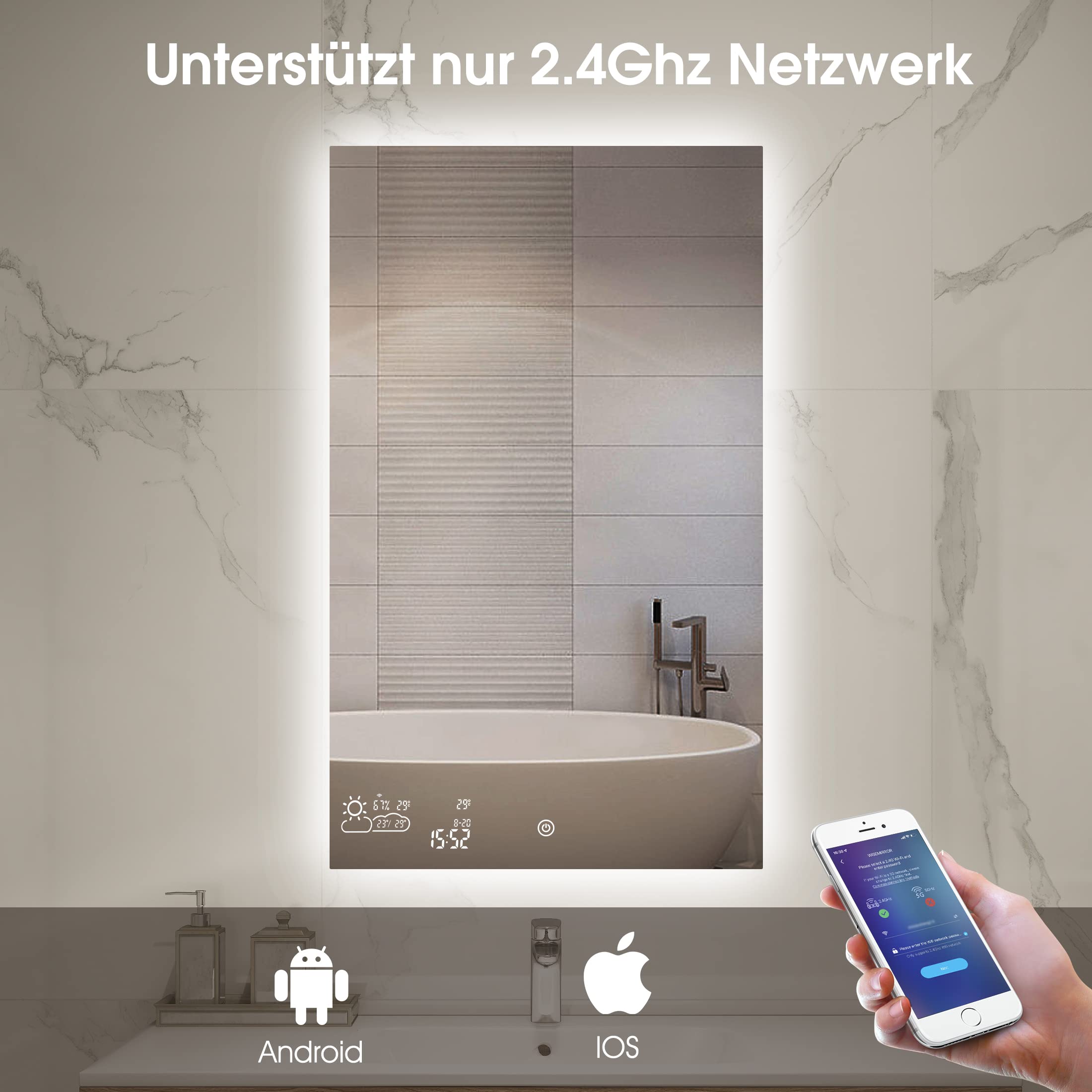 byecold Badspiegel mit LED Beleuchtung 100x60CM, Badezimmerspiegel Antibeschlag, Bad Spiegel Wandspiegel Lichtspiegel Touchschalter, Smart Mirror, WiFi Wetterstation Datum Vertikal