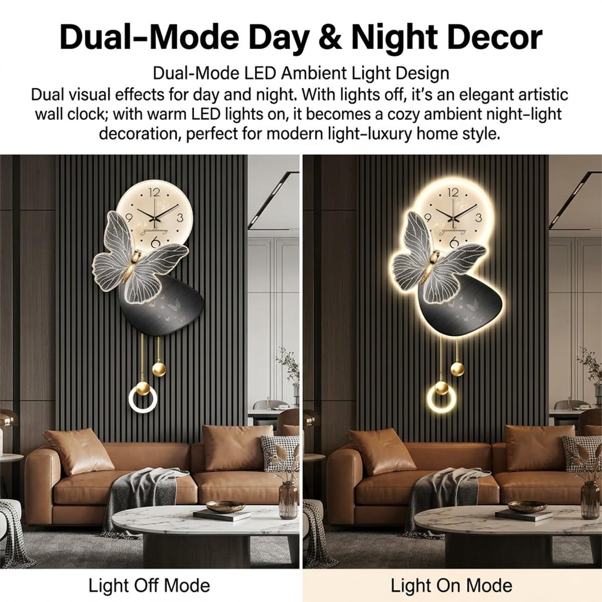 EBOYNSowAprr 3D Arte de pared 3D con LED Reloj Mural LED para Salón | Escultura Mural Mariposa Moderna con Reloj Colgante Silencioso & Luz Regulable con Mando a Distancia(B,27.6x38.6in)