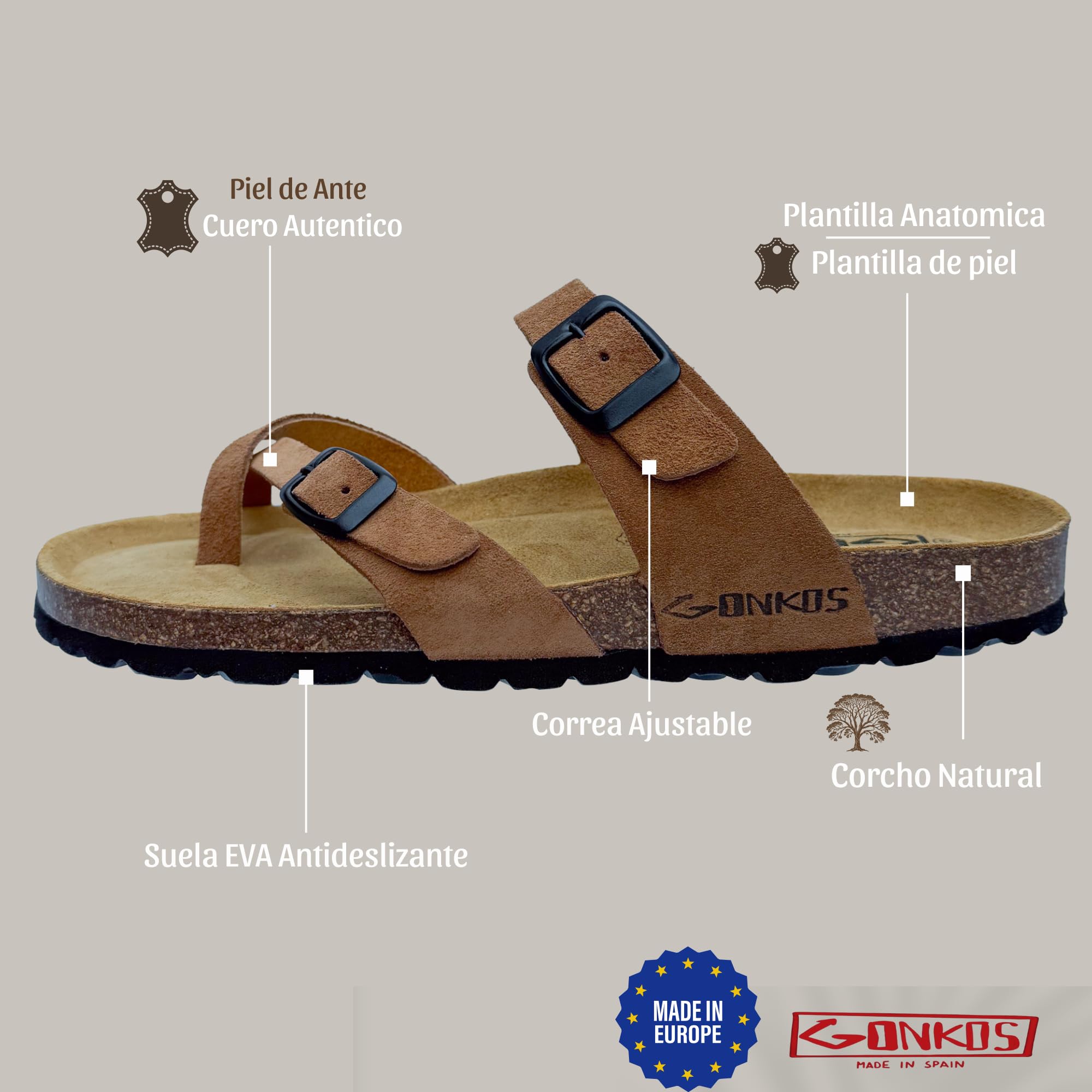 Sandalias Bio de Piel, Plantilla Anatomica de Corcho, Piel Autentica, Corcho Natural, Hebilla ajustable, Sandalias de dedo Unisex, Calidad Hecha en España