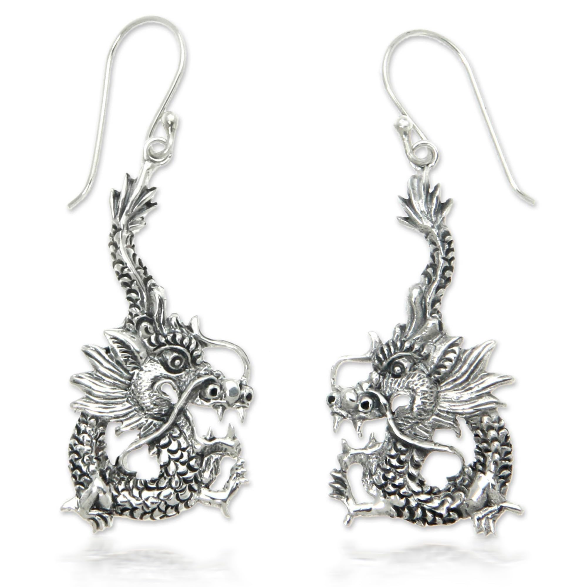 Artisan Handmade .925 Sterling Silver Dangle Earrings Indonesia Animal Themed 'Dragon Splendor'