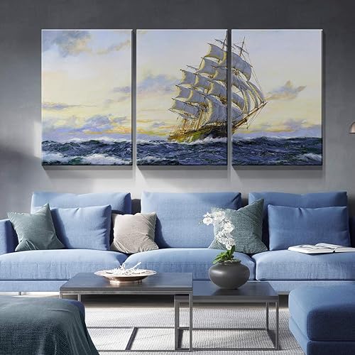 Miniatura 2 de Denozer - 3 paneles de impresiones artísticas en lienzo para pared - Barco de vela grande en pintura de paisaje oceánico  Decoración moderna de