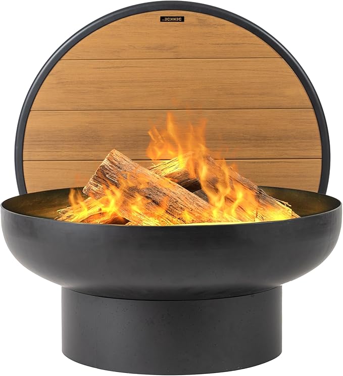 DENKOE Iron Fire Pit Table with Lid, Extra Thick and Heavy Duty Fire Bowl, Deep Round Firepit for Outdoor Bonfire Gatherings, Wood Burning Firepits for Outside Patio, Modern Outdoor Fire Pits