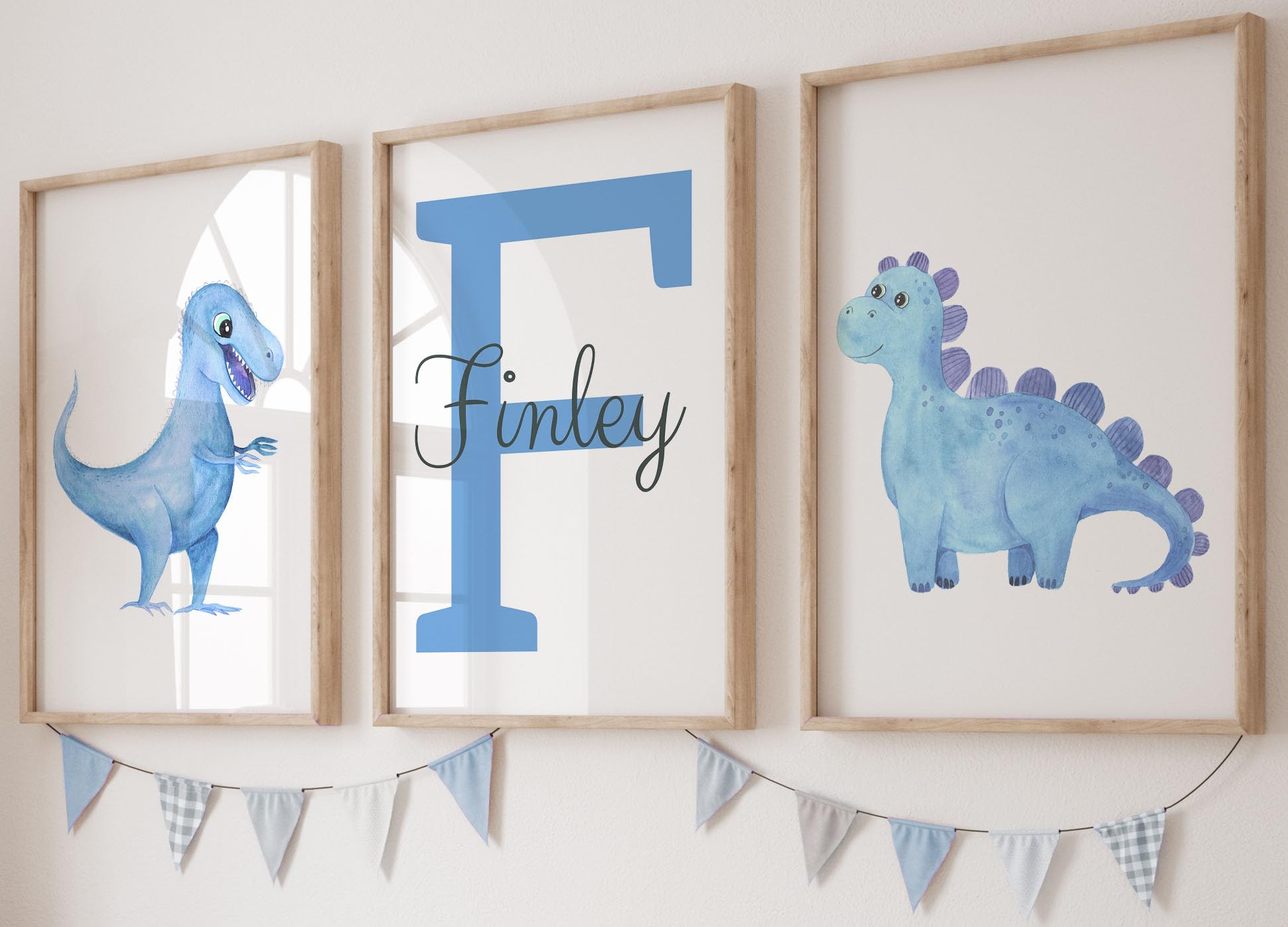 Dinosaurs Set of 3 Unframed Personalised Poster Prints for Baby Boy Girl Nursery Bedroom, New Baby Gift Present Dino Baby Shower in Blue Green Pink, Nursery Wall Art (A5) — image 1