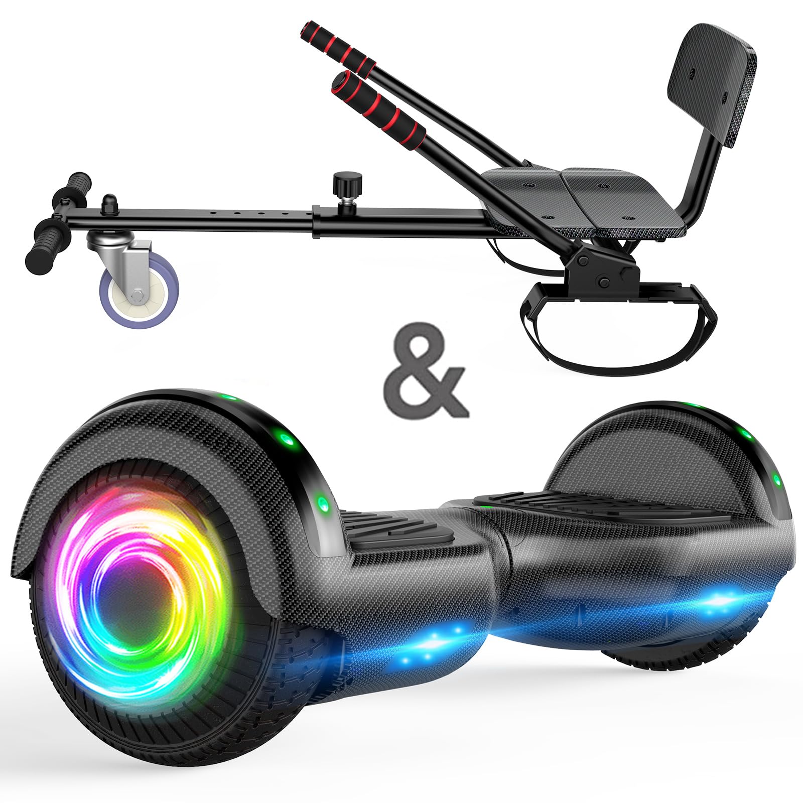 Hoverboard z mocowaniem fotela 6,5" samobalansująca deska hover z głośnikiem Bluetooth i diodami LED dla dzieci, dziewczynek, chłopców (w tym gokart)