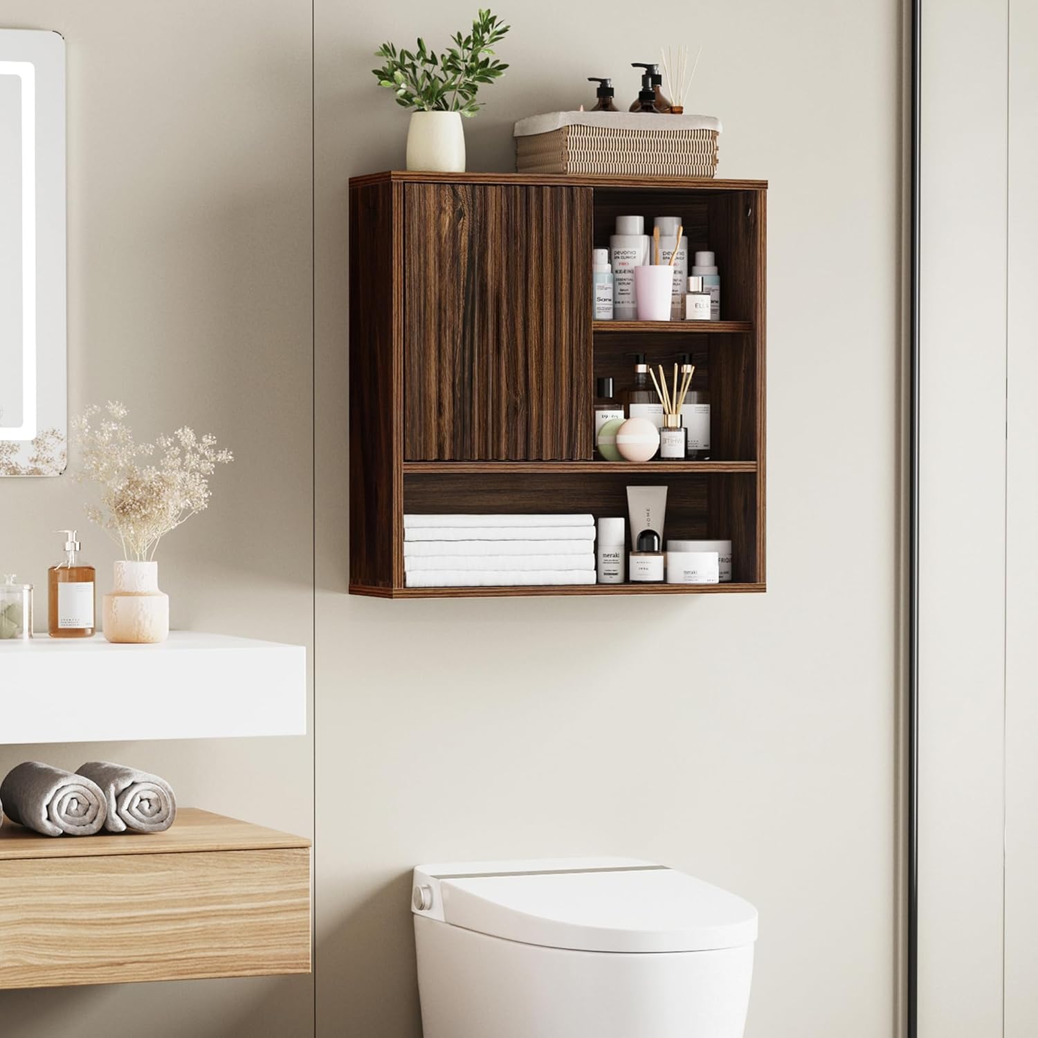 FerniTry Farmhouse Bathroom Wall Cabinet Fluted,Medicine Cabinet Over The Toilet Storage Cabinet with Adjustable Shelf, Wood Wall Mounted Storage Cabinet Organizer 23.2" Wx24 Hx7.6 D?Dark Walnut?