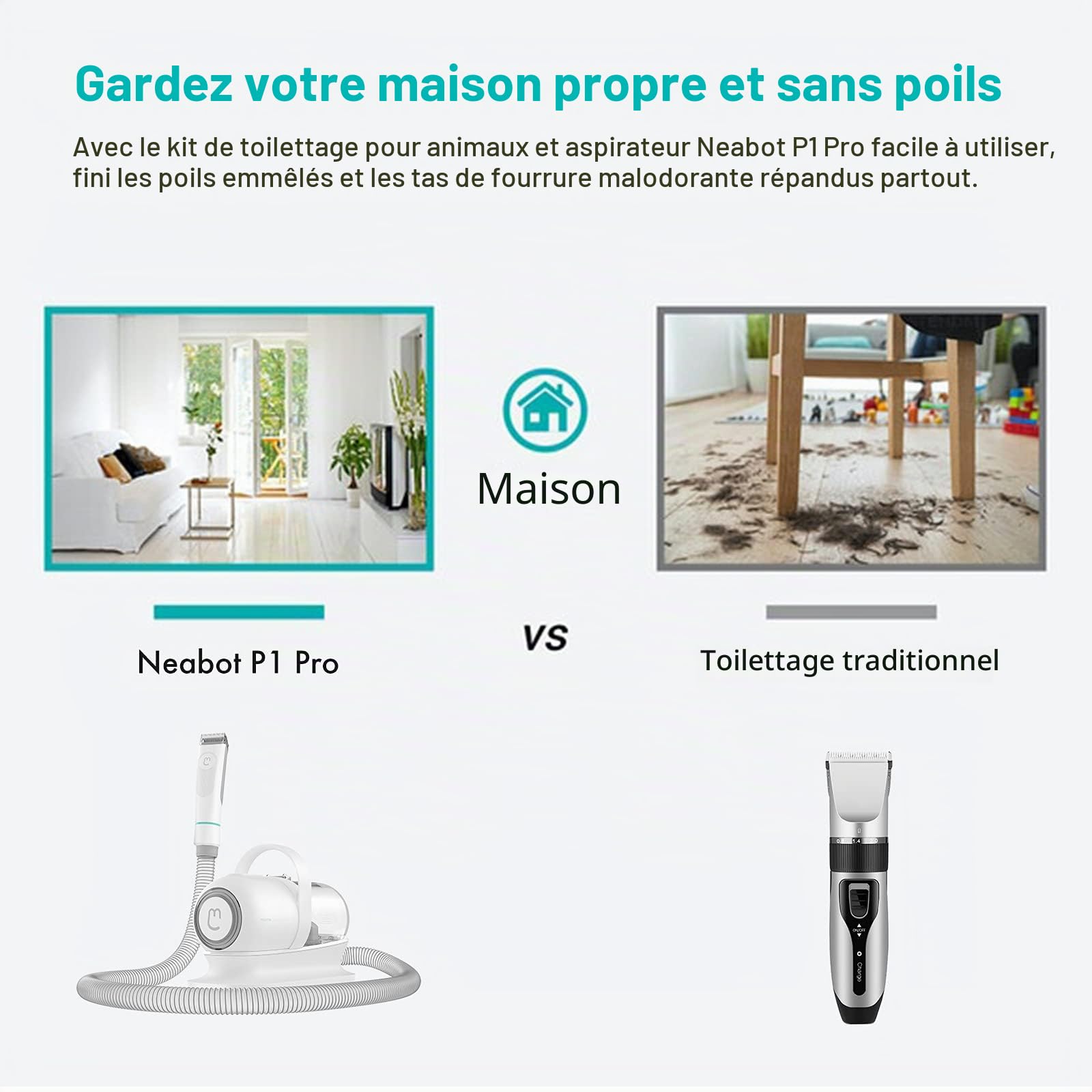 neabot P1 Pro Tondeuse pour Chien/Chat Professionnelle, Aspirateur de Poils pour Animaux, Kit de Toilettage pour Animaux, 5 Outils de Toilettage Éprouvés (Noir)