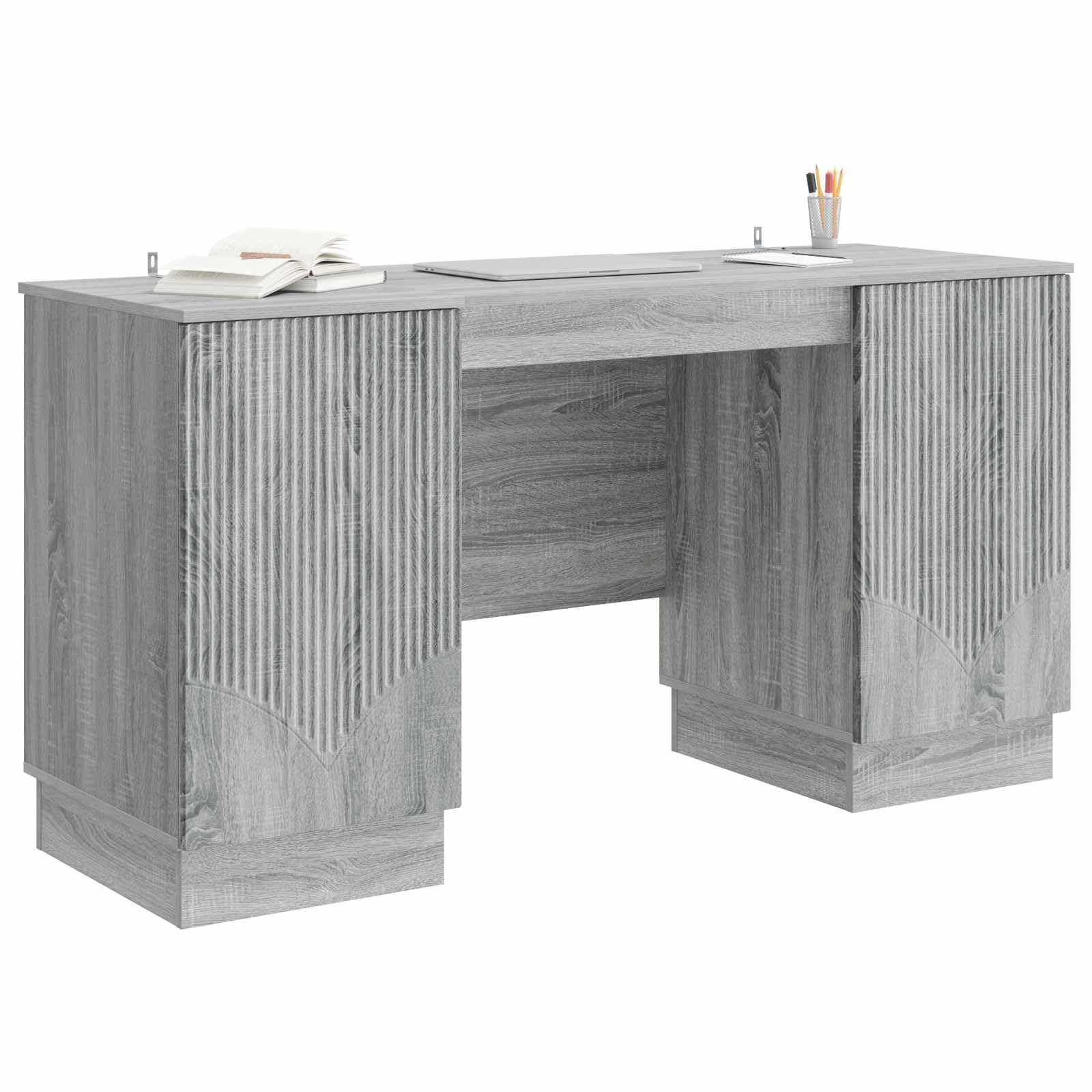 Scrivania grigio Sonoma, 142,5 x 50 x 75 cm, in legno, moderno tavolo da lavoro con vano portaoggetti, gestione dei cavi, scaffale e cassetti, per casa, studio, camera dei ragazzi