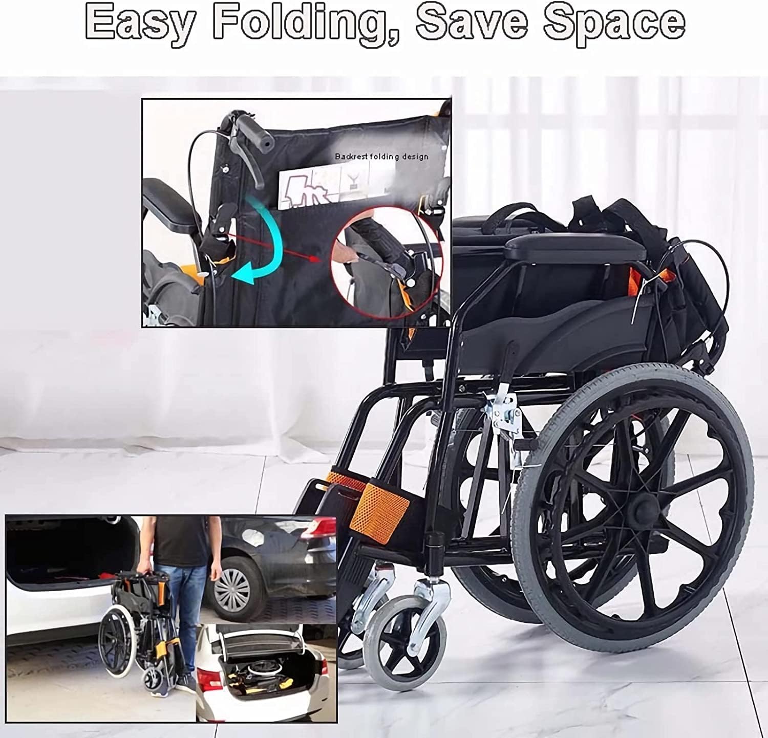 Sillas de Ruedas Ligeras Personas Mayores Silla de Ruedas Manual Plegable con pasamanos Antideslizante y Freno de Mano Silla de Ruedas de Transporte Plegable de Acero al Carbono discapacitados