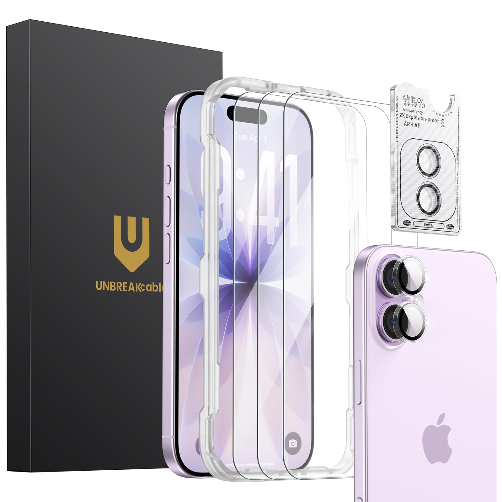 UNBREAKcable Panzerglas Schutzfolie für iPhone 17 (3 Stück) - 3x Displayschutz + 3x Kamera Schutz, 9H Härte, HD Klarheit, Anti-Fingerabdruck, Hüllenfreundlich, 6,3 Zoll