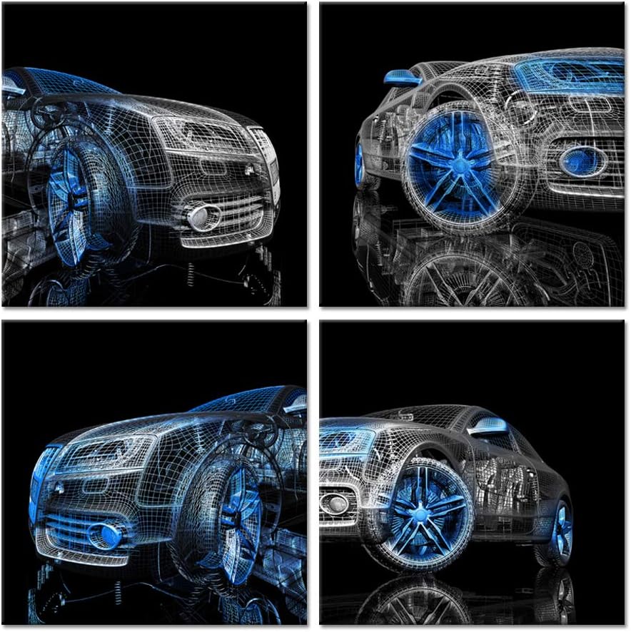 iHAPPYWALL4 Pieces Modern Car Canvas Wall Art Black and Blue 3D Car Model Cool Picture Print for Bedroom Boys Room Home Decor Ready To Hang 12x12inchx4pcs