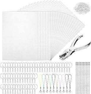 Jeqqinuz 25PCS Shrink Plastic Sheets Keychains Kit, Printable Shrink Plastic Paper Sheets for Handprint Art DIY Keychains with Open Iron Ring Hole Punch for Creative Craft Marking DIY Ornaments
