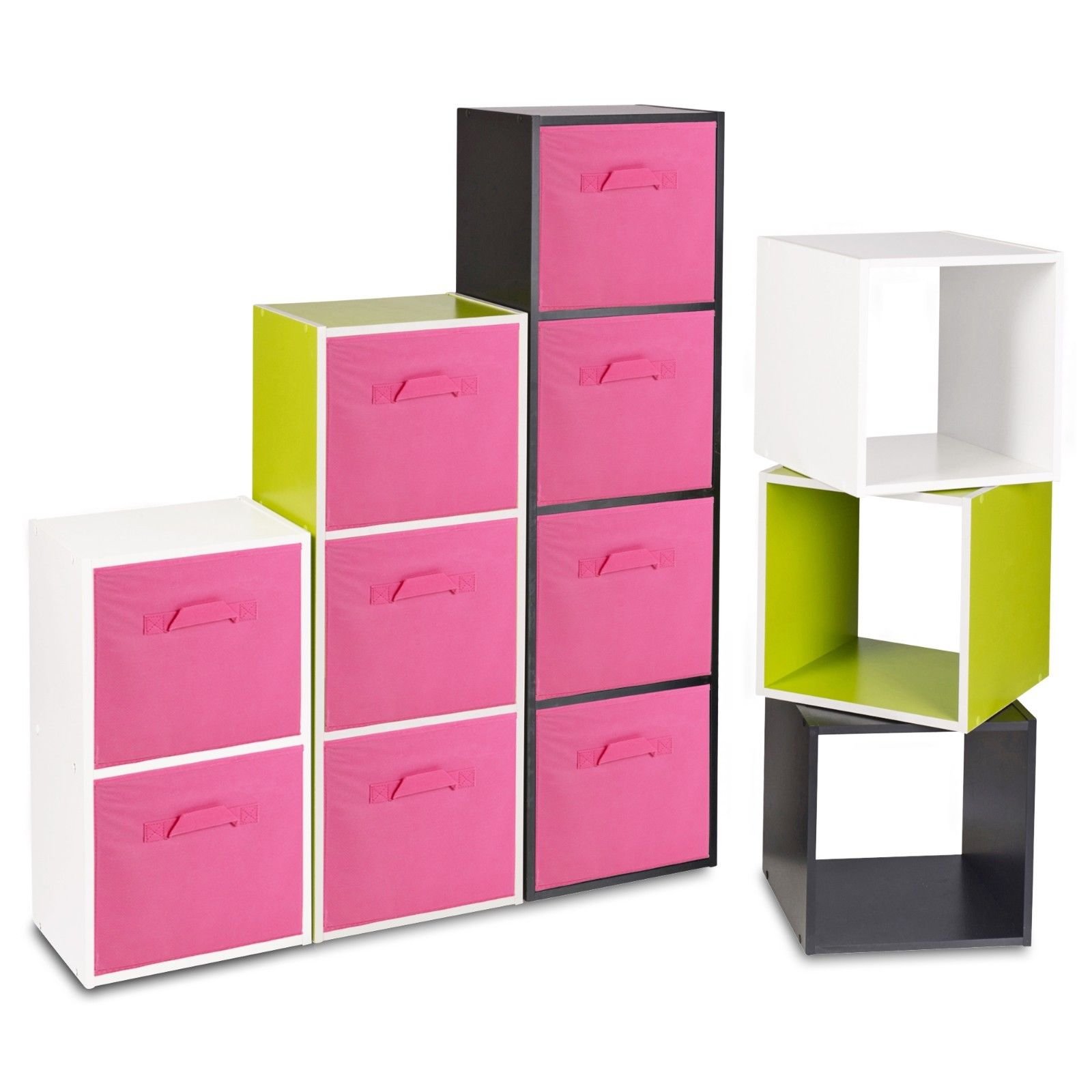 URBNLIVING Black 3 Shelf Wooden Bookcase & 3 Light Pink Boxes
