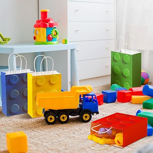Miniatura 6 de Bolsas de regalo de fiesta de bloques de construcción, bolsas de papel de dulces de ladrillos, bolsas de regalo con asa para bloques de