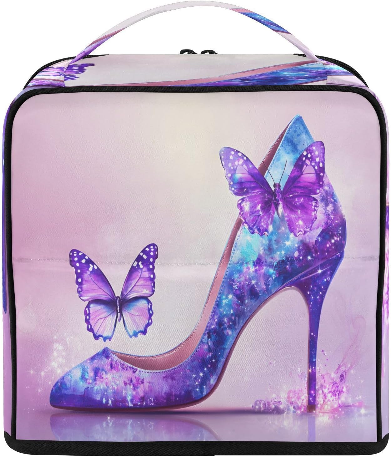 Standing Makeup Bag, High Heels Shoes Butterfly Large Cosmetic Bag Toiletry Organizer with Phone/Mirror Holder, Brush Holders, Detachable Dividers, Portable Travel Makeup Case for Women