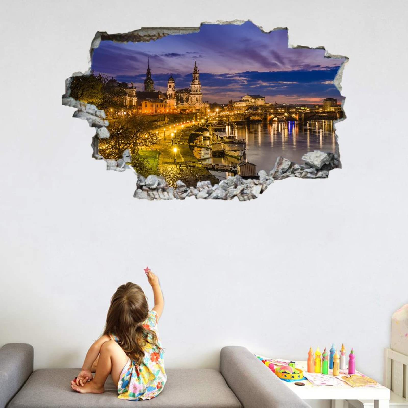 Himmel 3D Durchbruch Wandtattoo Mädchen Kinderzimmer Stadtnacht Wandaufkleber Dekorative Modern Wandsticker Vinyl Wandaufkleber für Junge Teenager Zimmer Wohnzimmer Schlafzimmer Wandbilder Deko