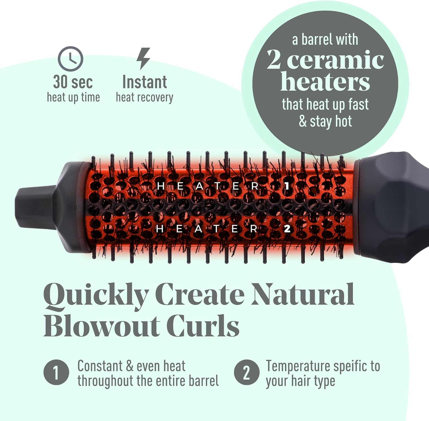 MINT Extra-Long 1.6 Inch Thermal Brush for Natural Volume & Waves | 230-430°F 2-Heater Ceramic Curling Iron Brush | Heated Round Styler - Image 6