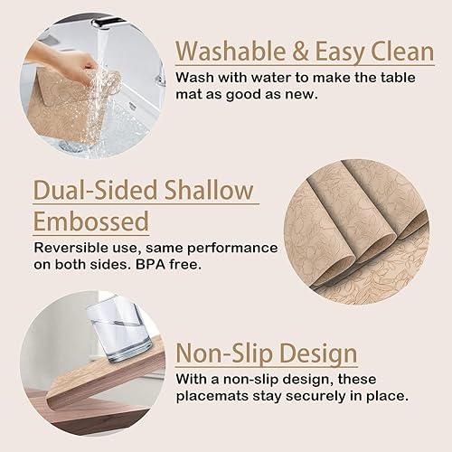 Miniatura 6 de SolaraDawn Juego de 4 manteles individuales de cuero sintético, lavables, lavables y resistentes al calor, manteles individuales de comedor