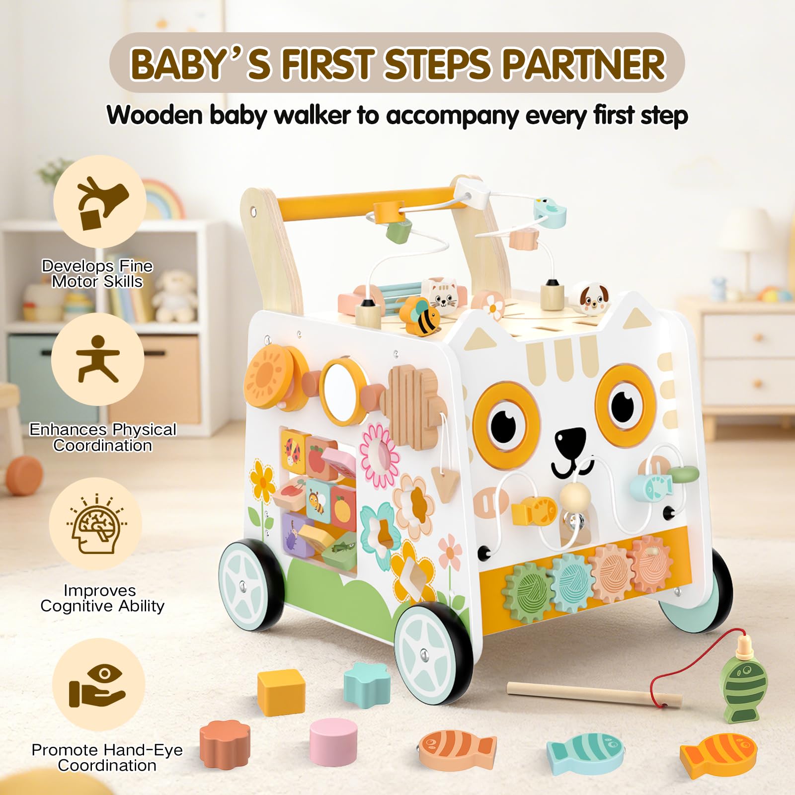 Carrello Primi Passi Legno Montessori 16-in-1, Girello 3+ Anni | Cubo Attività 16-in-1: Labirinto di Perline, Xilofono, Selezionatore di Forme — Gioco Montessori da 3+ Anni