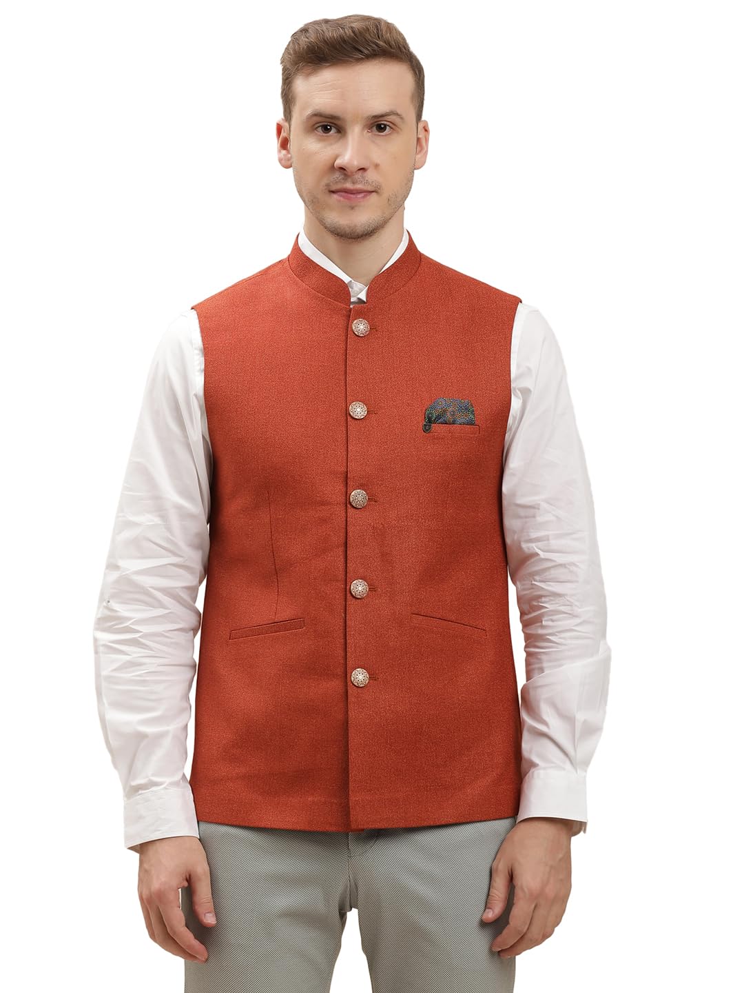 turtle Men 100% Cotton Printed Rust Nehru Jacket-picture-13