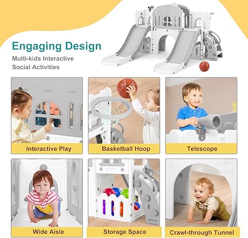Miniatura 3 de JOYLDIAS Tobogán 9 en 1, parque infantil con toboganes dobles, escalador, aro de baloncesto, túnel, telescopio, espacio de almacenamiento y escalón