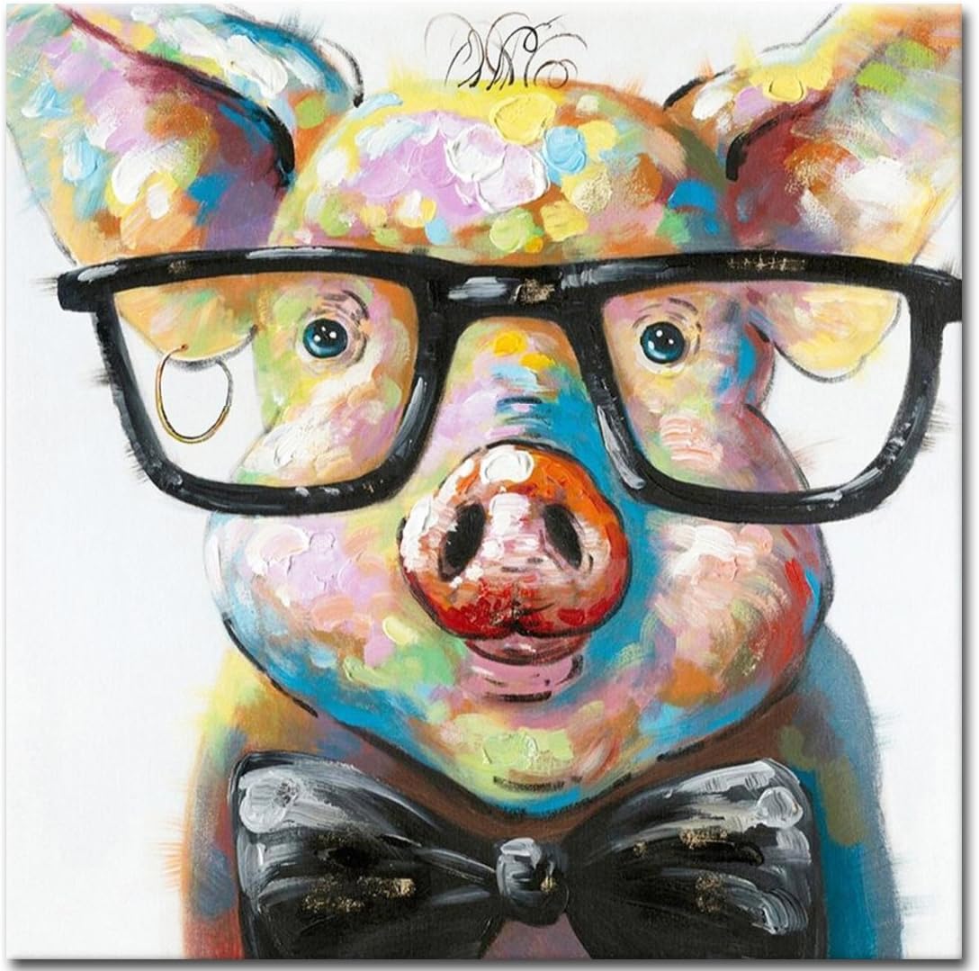 Muzagroo Art Happy Pig with Glasses Paintings for Living Room Hand Painted Canvas Wall Art for Living Room with Rasied Texture on Canvas Stretched Ready to Hang(24x24in)