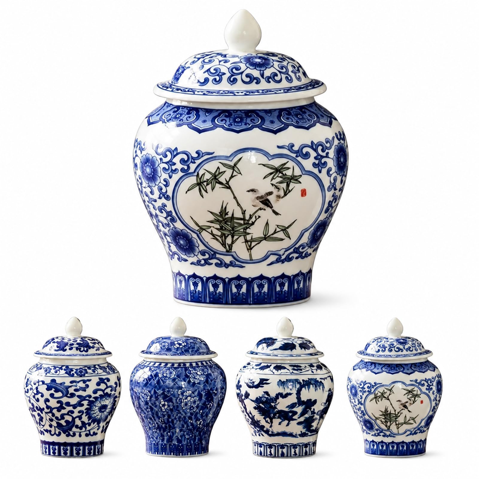 Bocal à gingembre céramique bleu et blanc vert pot déco 9x13 cm