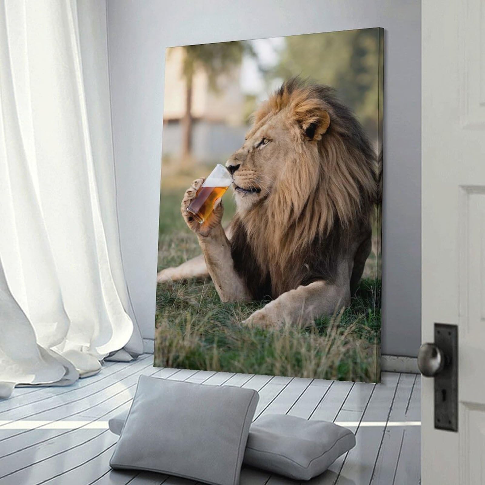 Junmoney Frame-Style-11 Lion Sipping A Beer Canvas Wall Art, 20X30inch(50X75cm), For Living Room, Bedroom Or Apartment Walls, Decorative Artwork For Empty Walls
