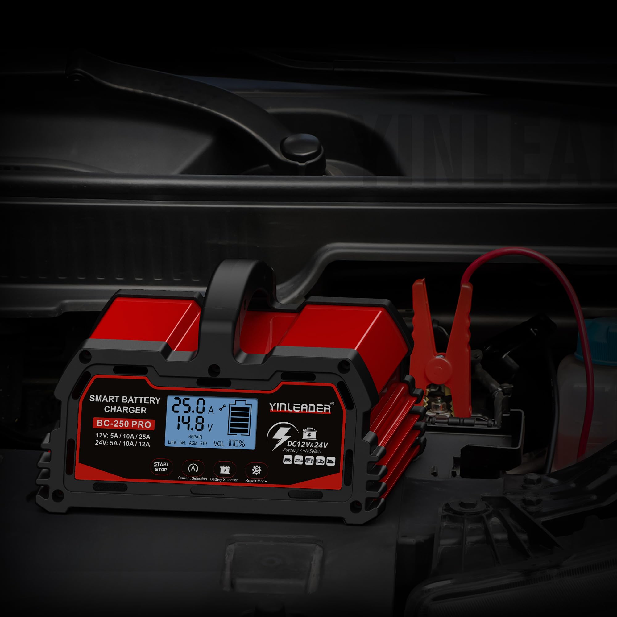 Autobatterie Ladegerät 25A 12V/24V Batterieladegerät Auto Vollautomatisches Intelligentes Erhaltungsladegerät mit LCD-Bildschirm, Ladegeräte für Autobatterien 12V LiFePO4 Batterie