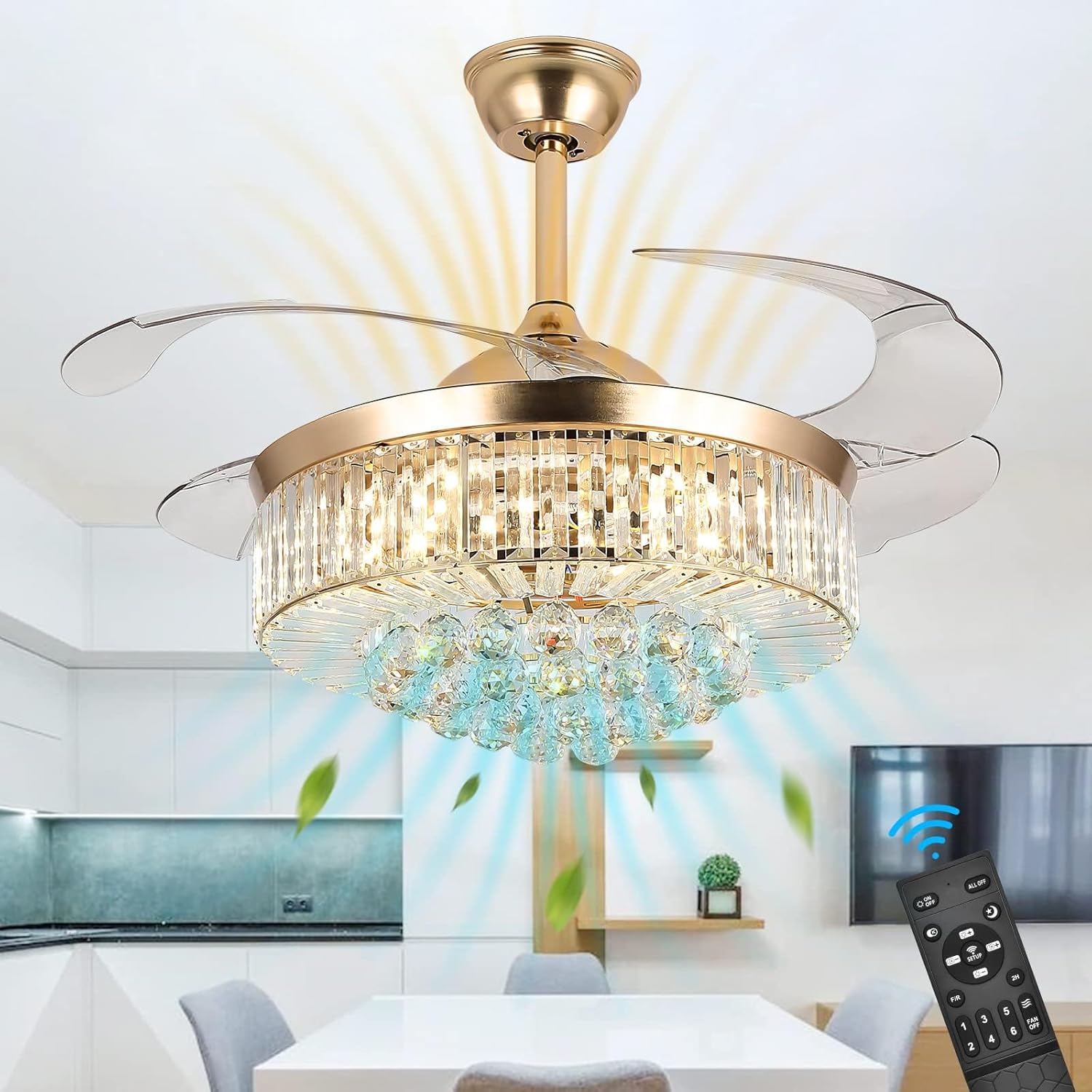 42in Crystal Ceiling Fan with Remote, Gold Fandelier Ceiling Fan with Light, 3 Speeds 3 Colors Changes Lighting Fixture, 4 Blades Retractable Chandelier Fan for Bedroom Living Room Dining Room