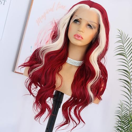 Miniatura 4 de ANDRIA Pelucas rubias con encaje frontal a rayas, color rojo vino y rubio, peluca larga ondulada sin pegamento, peluca de encaje transparente,