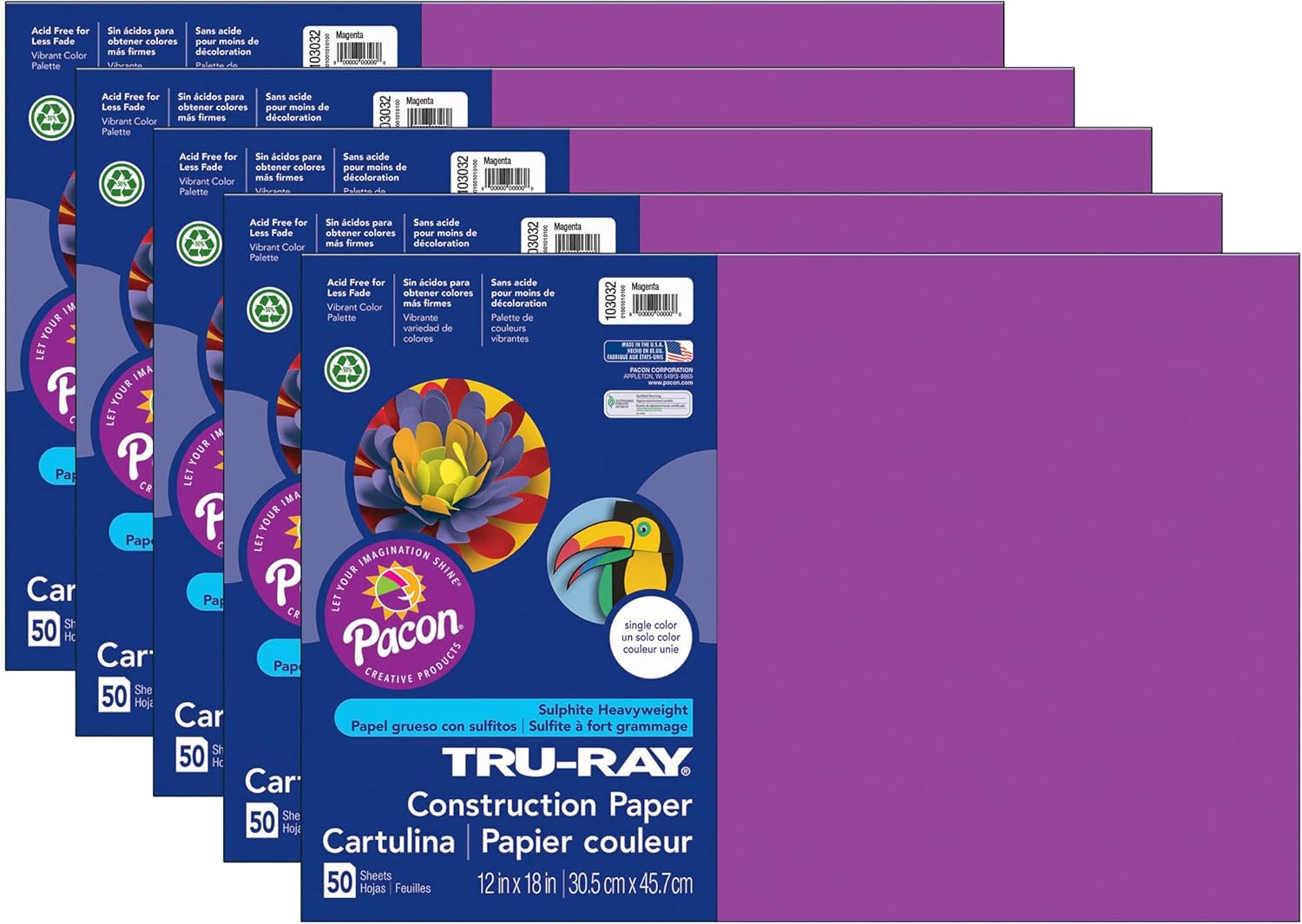 Tru-Ray Construction Paper, Magenta, 12" x 18", 50 Sheets Per Pack, 5 Packs