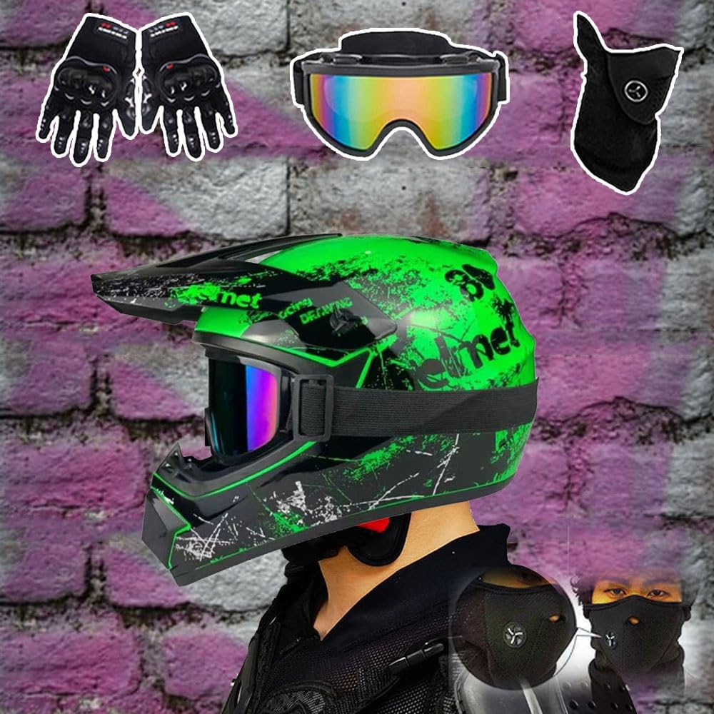 Caschi da Motocross Per Bambini, Fuoristrada, Strada E Fuoristrada, Per Bambini Dagli 8 Ai 14 Anni, Casco BMX MX ATV, con Occhiali, Guanti E Maschera, Omologati DOT
