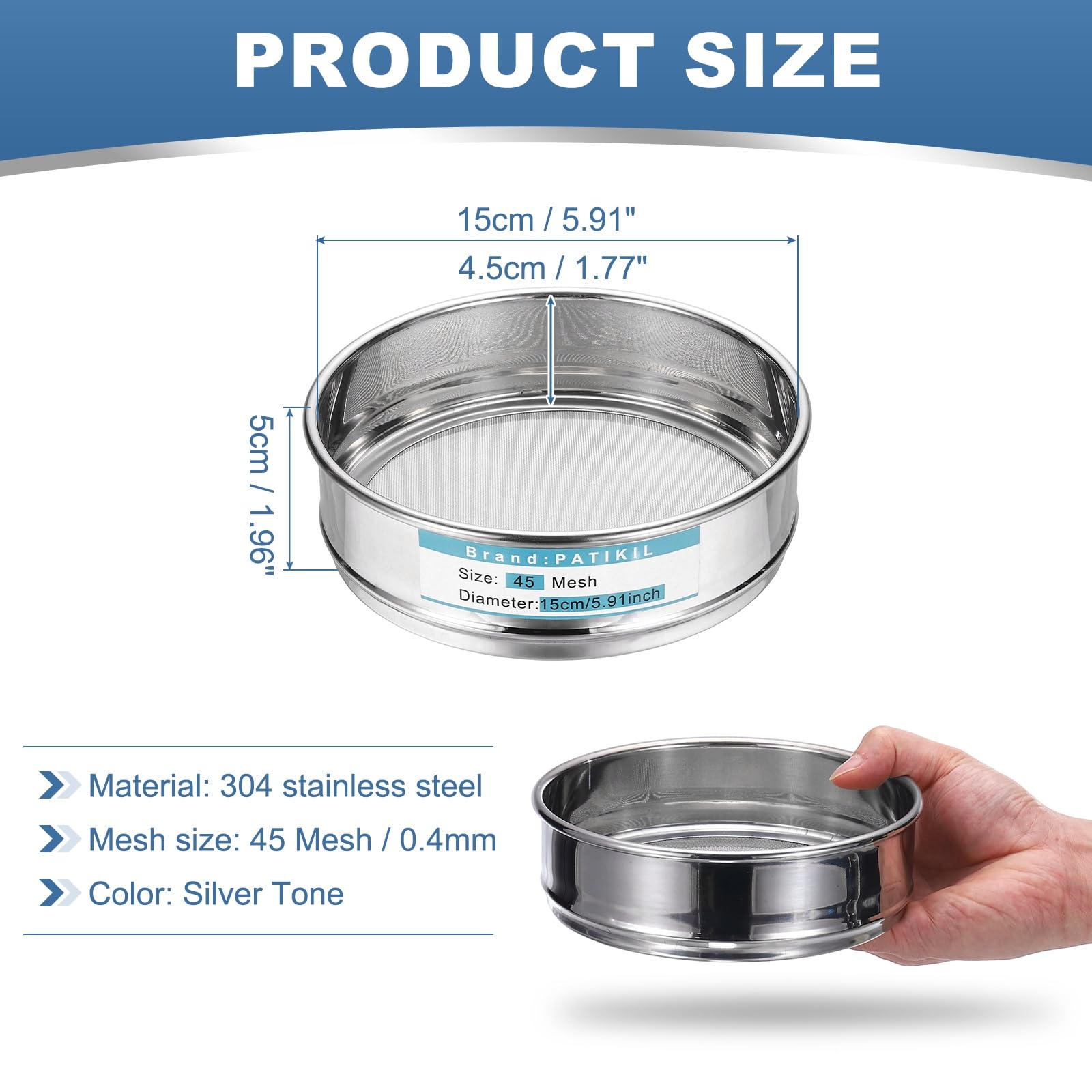 PATIKIL Tamis De Laboratoire 45 Mailles (0.4mm), Diamètre 5.9"(15cm) Toile De Criblage 304 Acier Inoxydable Maille Fine Tamis Pour Laboratoire Industriel